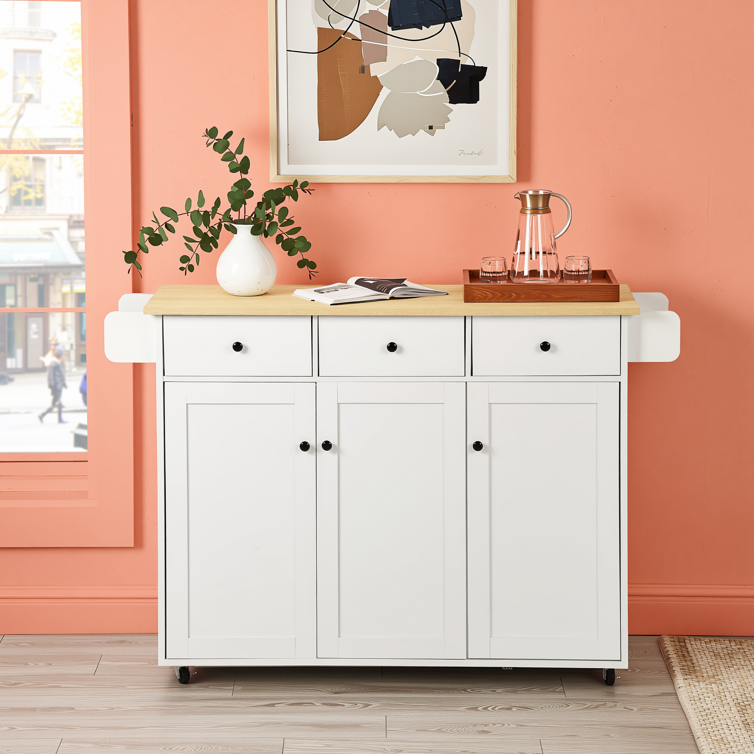 Hugh 45.3" Modern Rolling Kitchen Island Cart with Drop-Leaf Tabletop