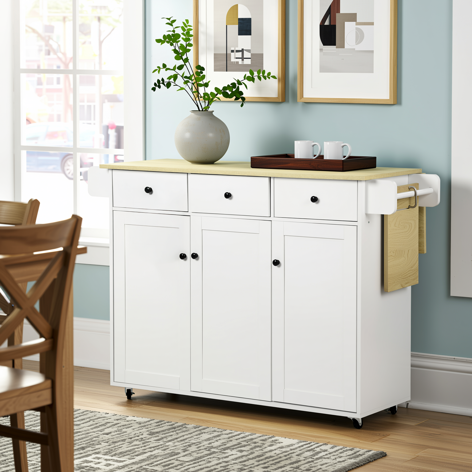 Hugh 45.3" Modern Rolling Kitchen Island Cart with Drop-Leaf Tabletop