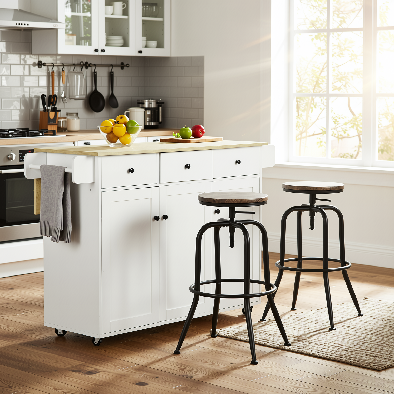 Hugh 3PC Rolling Kitchen Island and Stool Set with ANACLETUS Adjustable Barstools