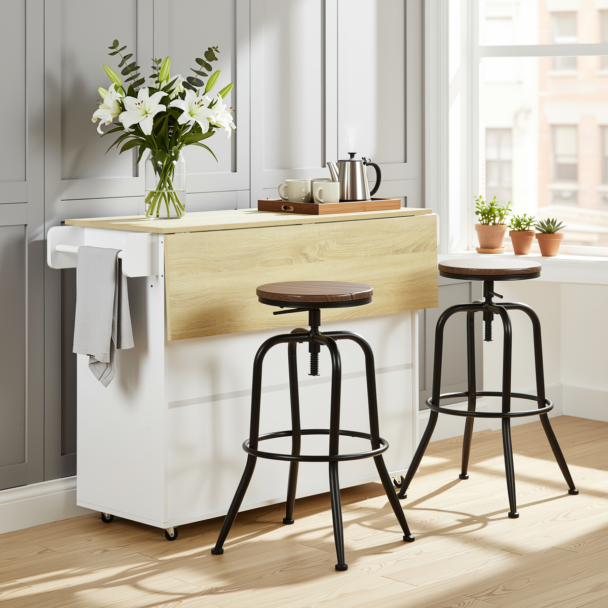 Hugh 3PC Rolling Kitchen Island and Stool Set with ANACLETUS Adjustable Barstools