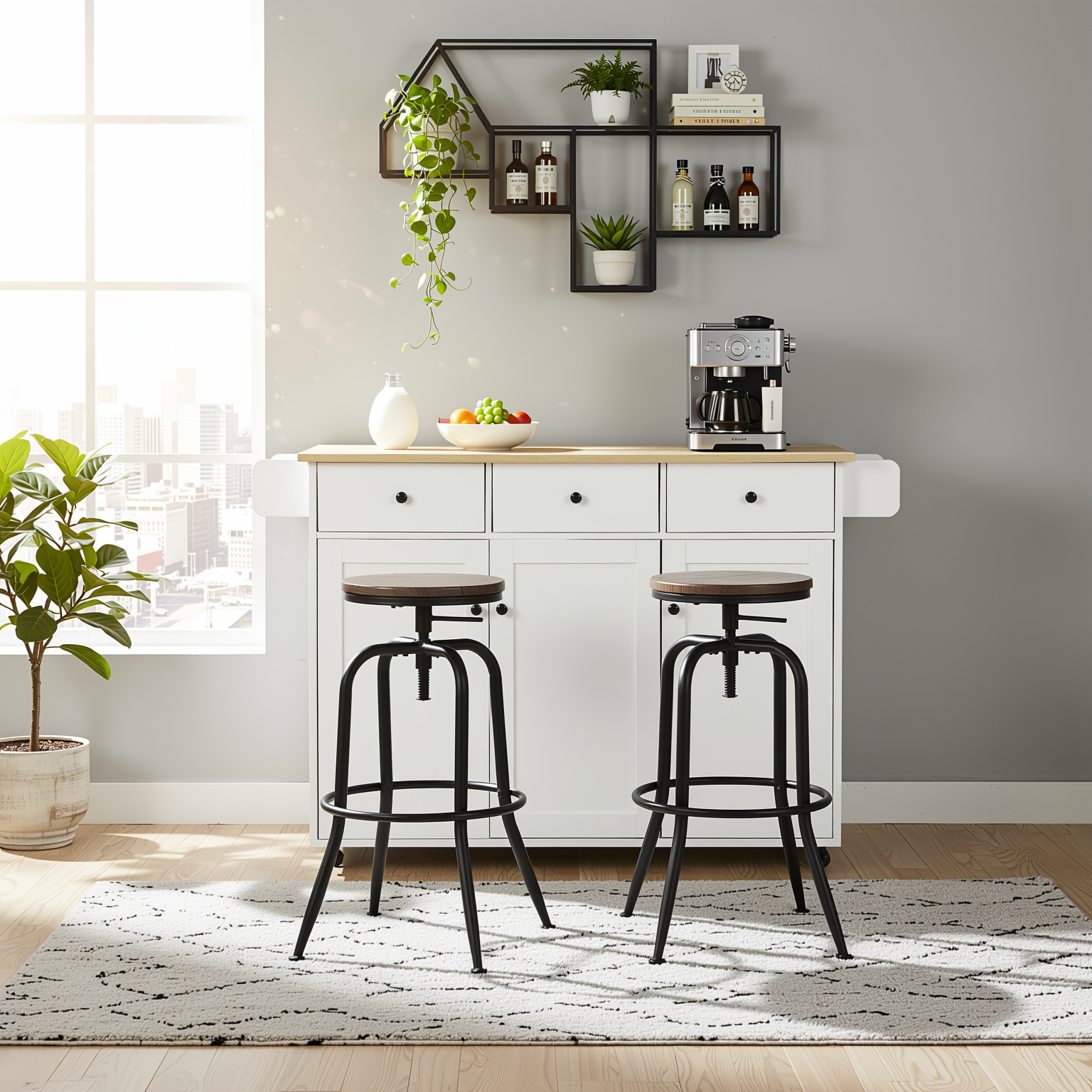 Hugh 3PC Rolling Kitchen Island and Stool Set with ANACLETUS Adjustable Barstools