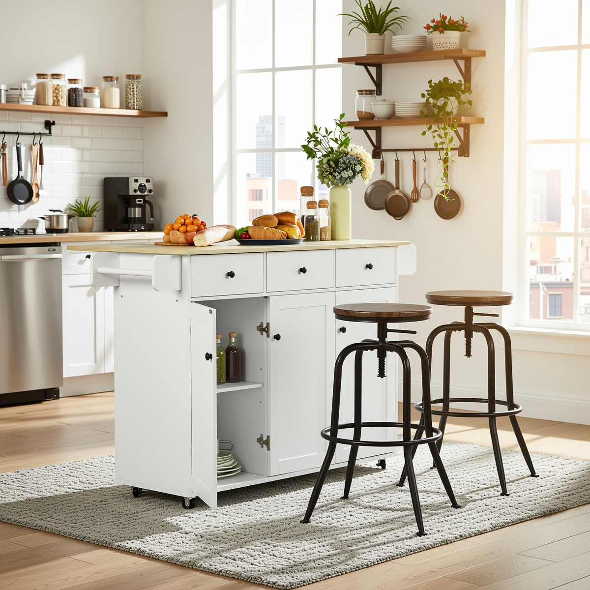 Hugh 3PC Rolling Kitchen Island and Stool Set with ANACLETUS Adjustable Barstools