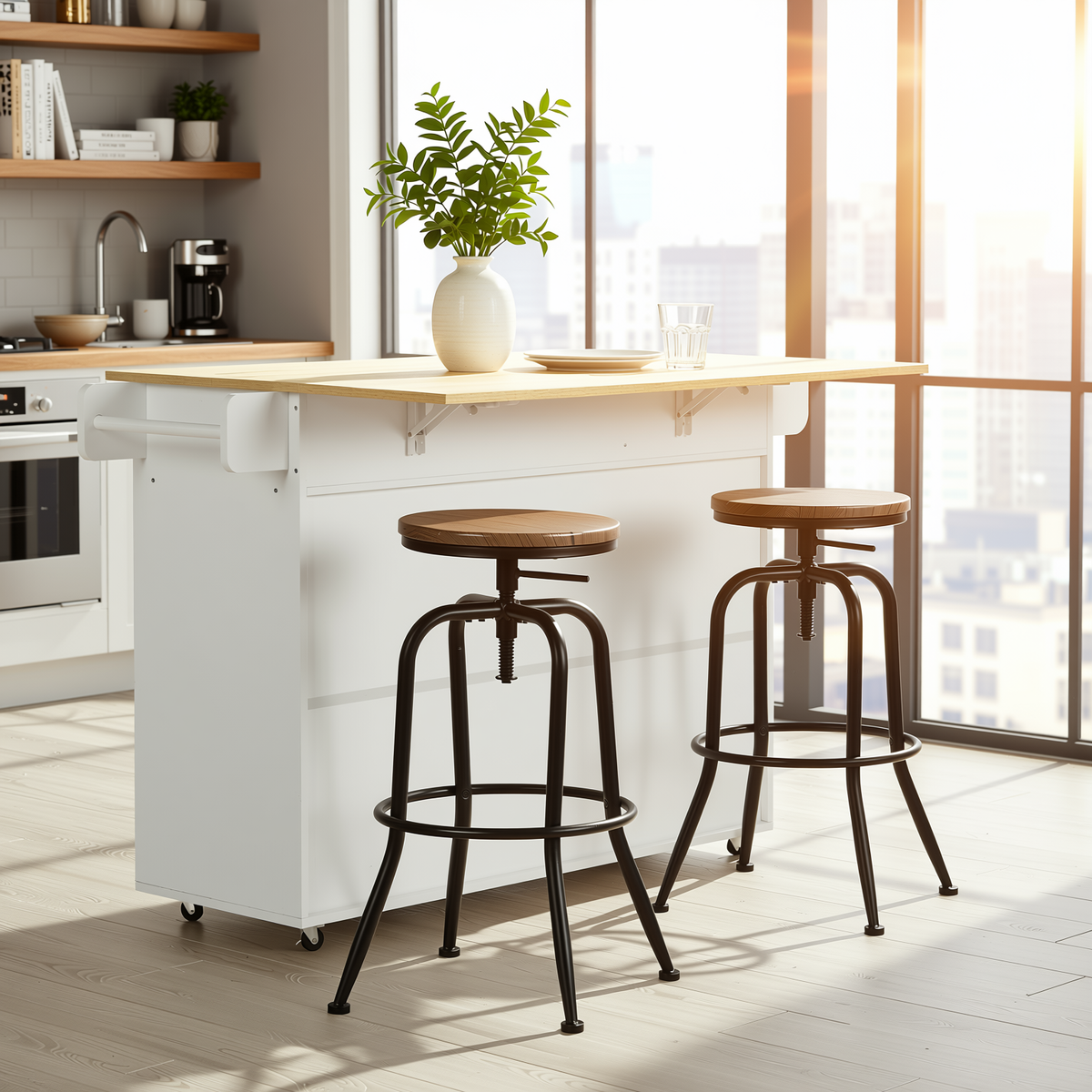 Hugh 3PC Rolling Kitchen Island and Stool Set with ANACLETUS Adjustable Barstools