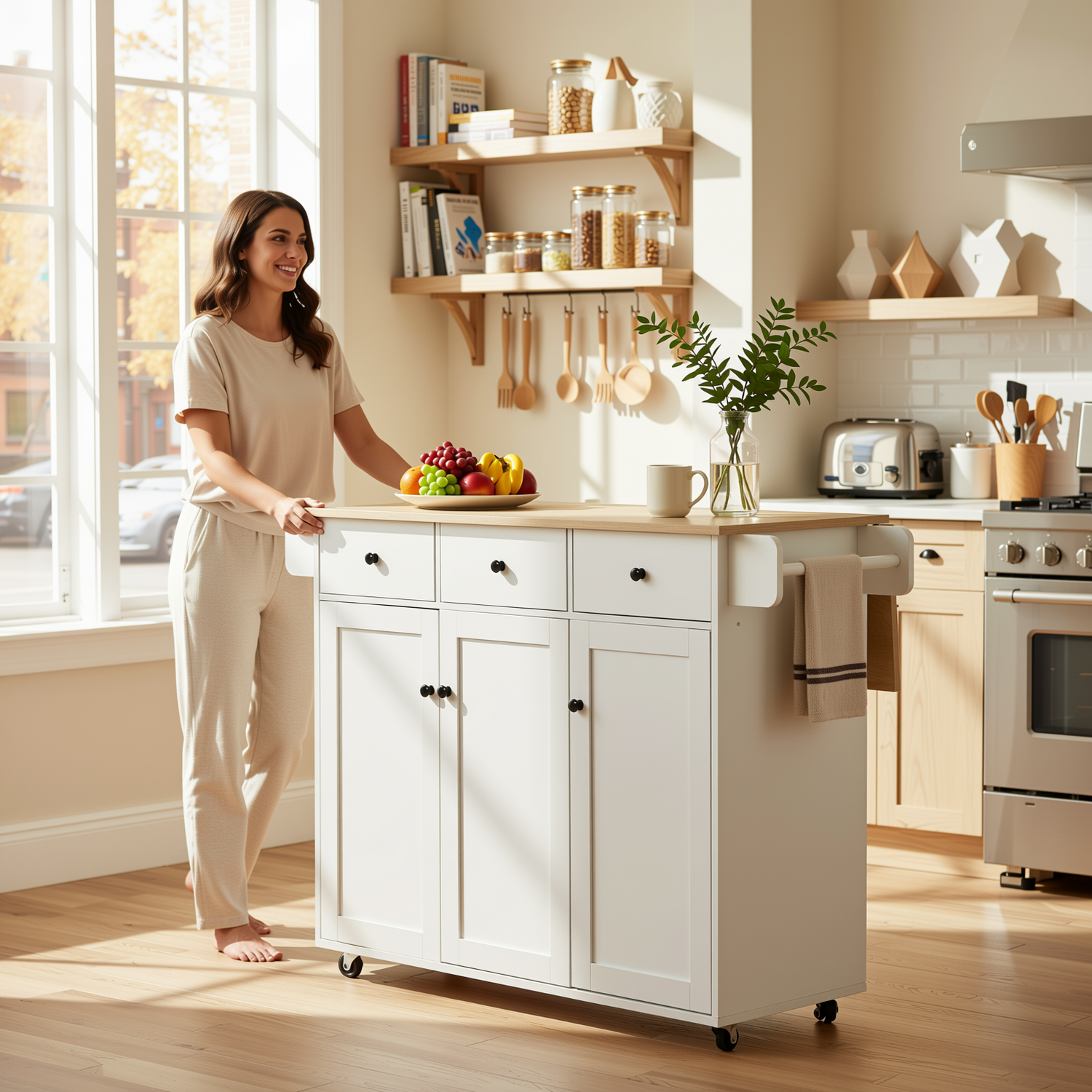 Hugh 45.3" Modern Rolling Kitchen Island Cart with Drop-Leaf Tabletop