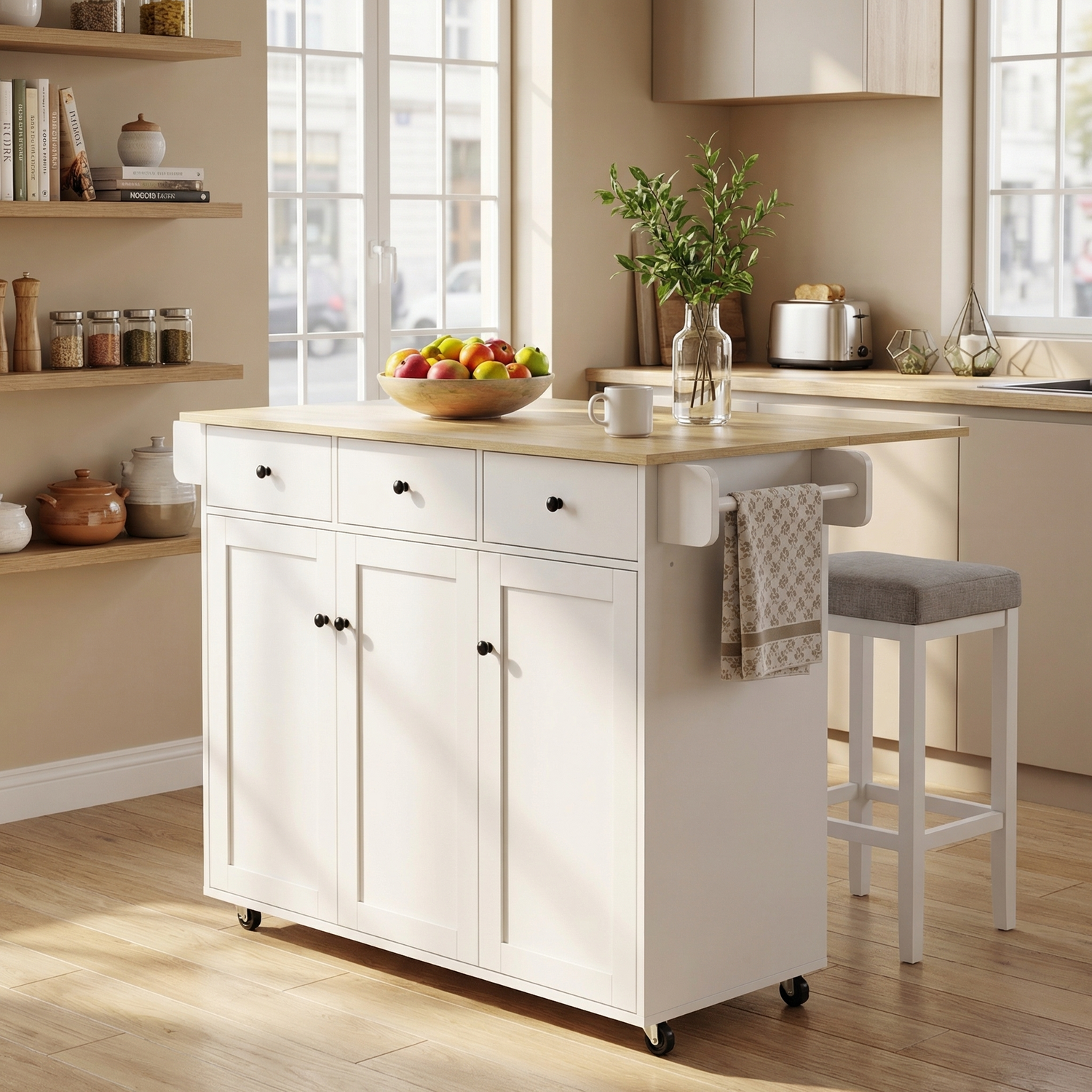 Hugh 45.3" Modern Rolling Kitchen Island Cart with Drop-Leaf Tabletop