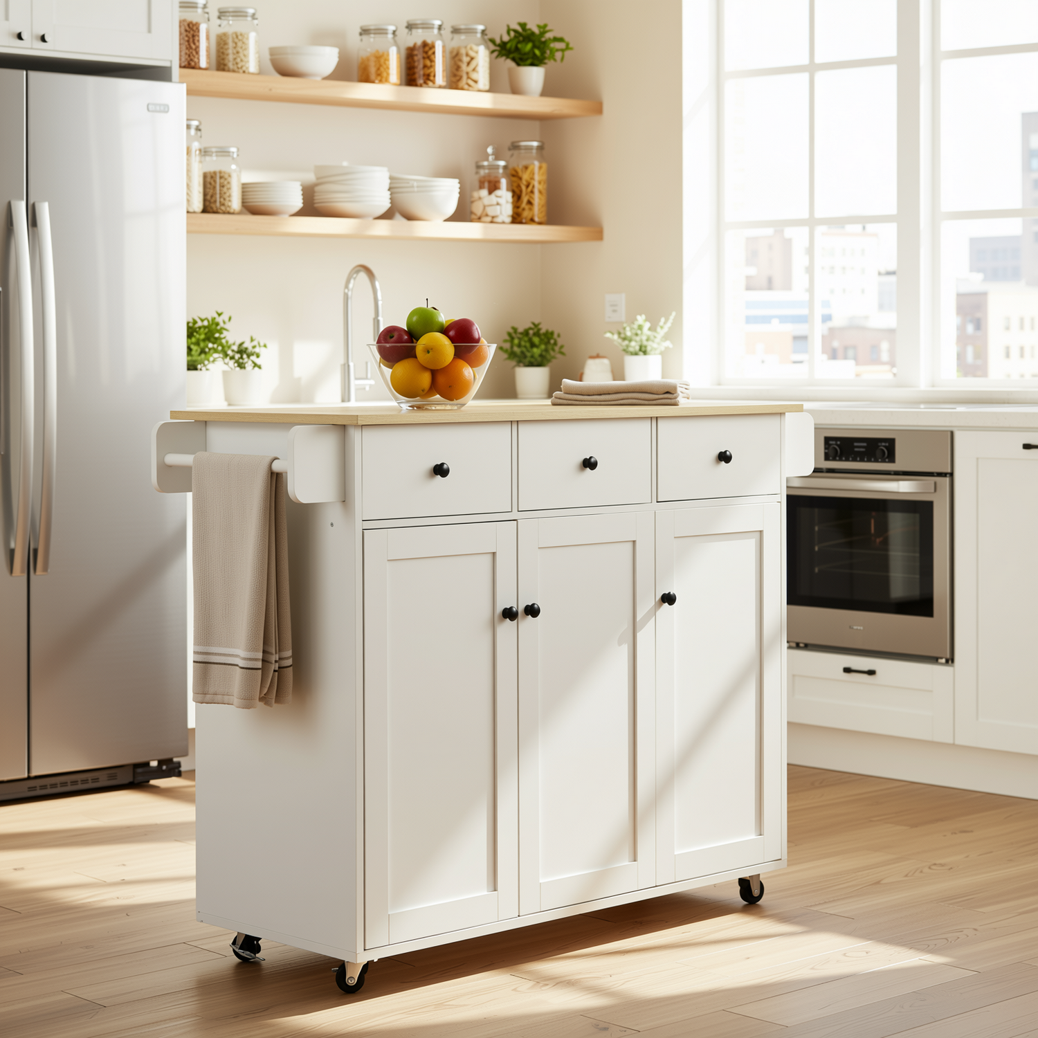 Hugh 3PC Rolling Kitchen Island and Stool Set with Haseeb Swivel Counter Height Bar Stools