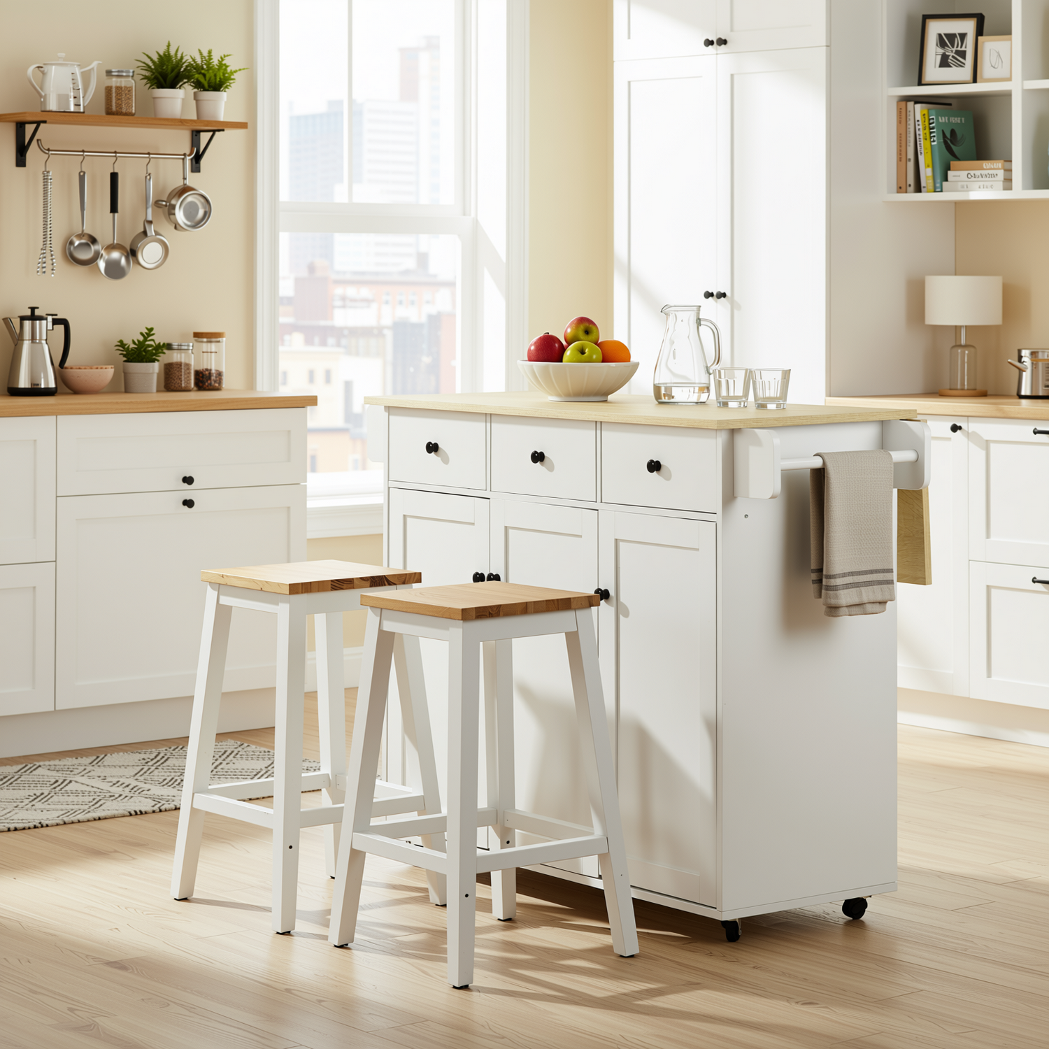 Hugh 45.3" Modern Rolling Kitchen Island Cart with Drop-Leaf Tabletop