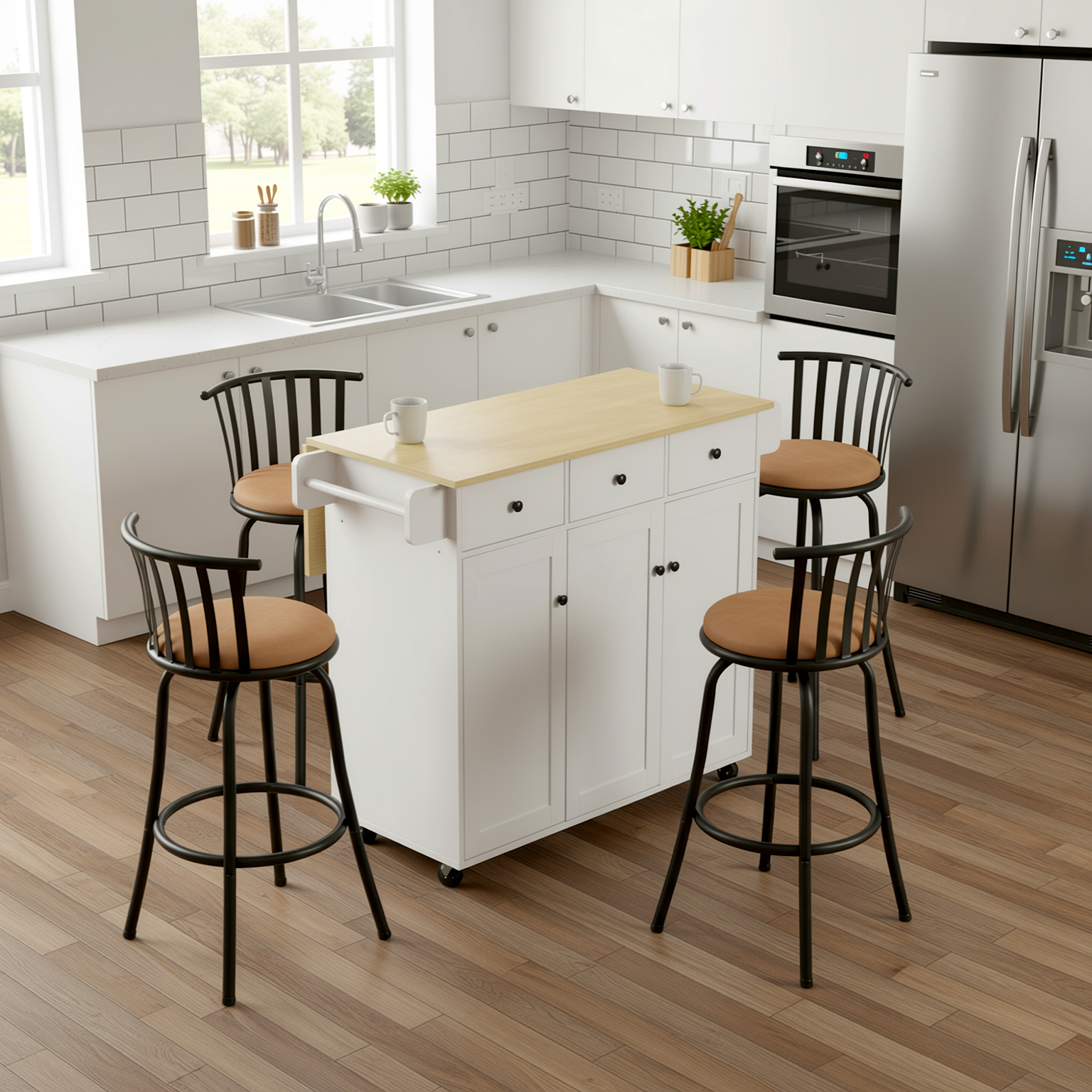 Hugh 3PCS Rolling Kitchen Island and Stool Set with Pistil Swivel Counter/ Bar Stools