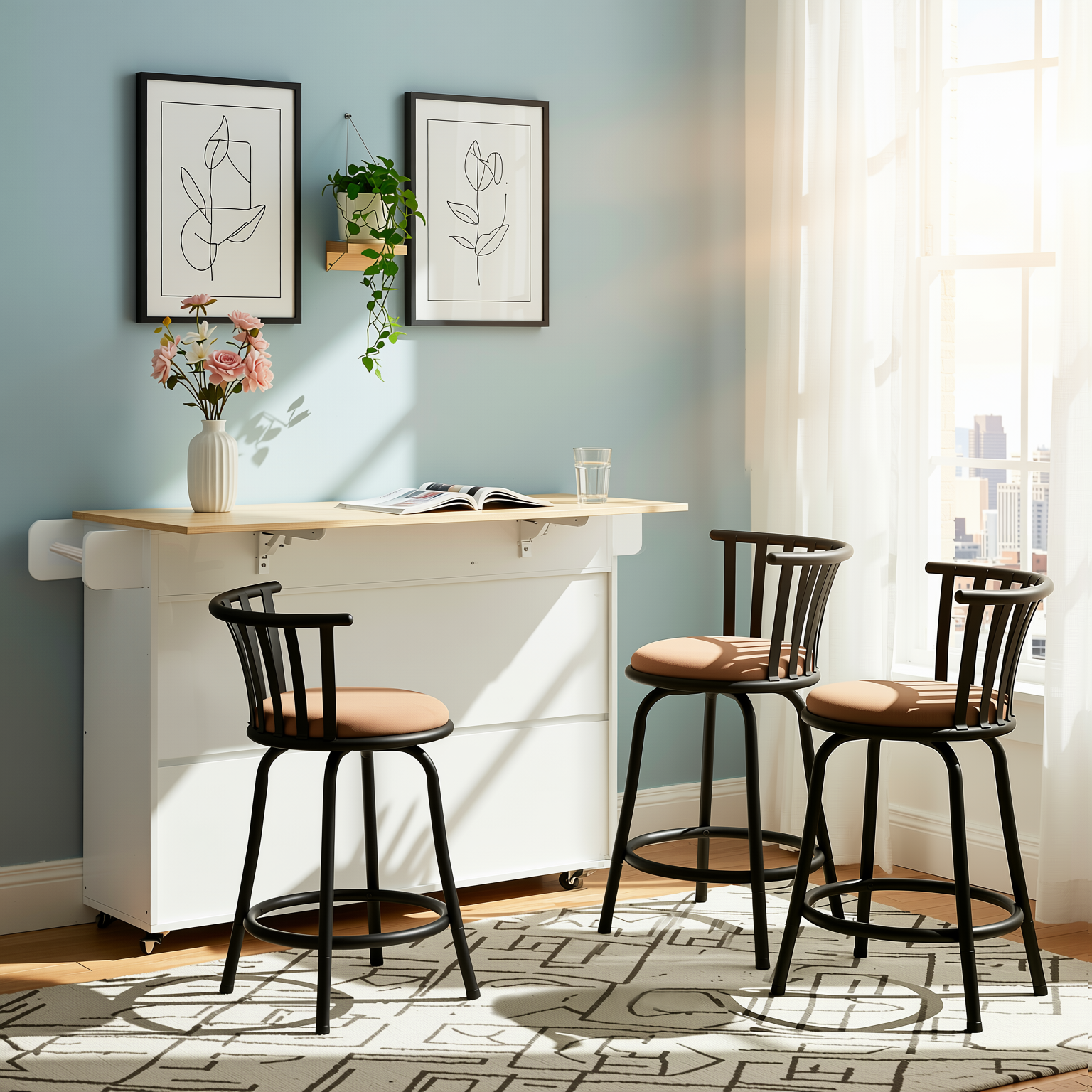 Hugh 4PCS Rolling Kitchen Island and Stool Set with Pistil Swivel Counter/ Bar Stools