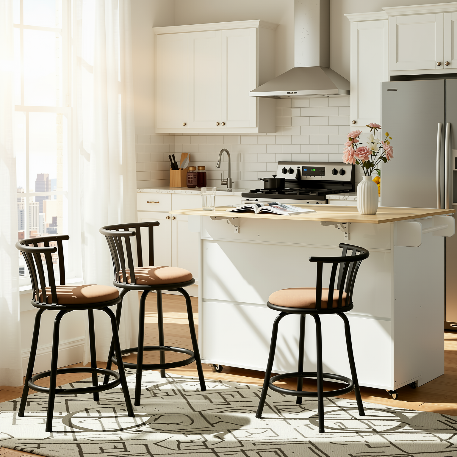Hugh 4PCS Rolling Kitchen Island and Stool Set with Pistil Swivel Counter/ Bar Stools
