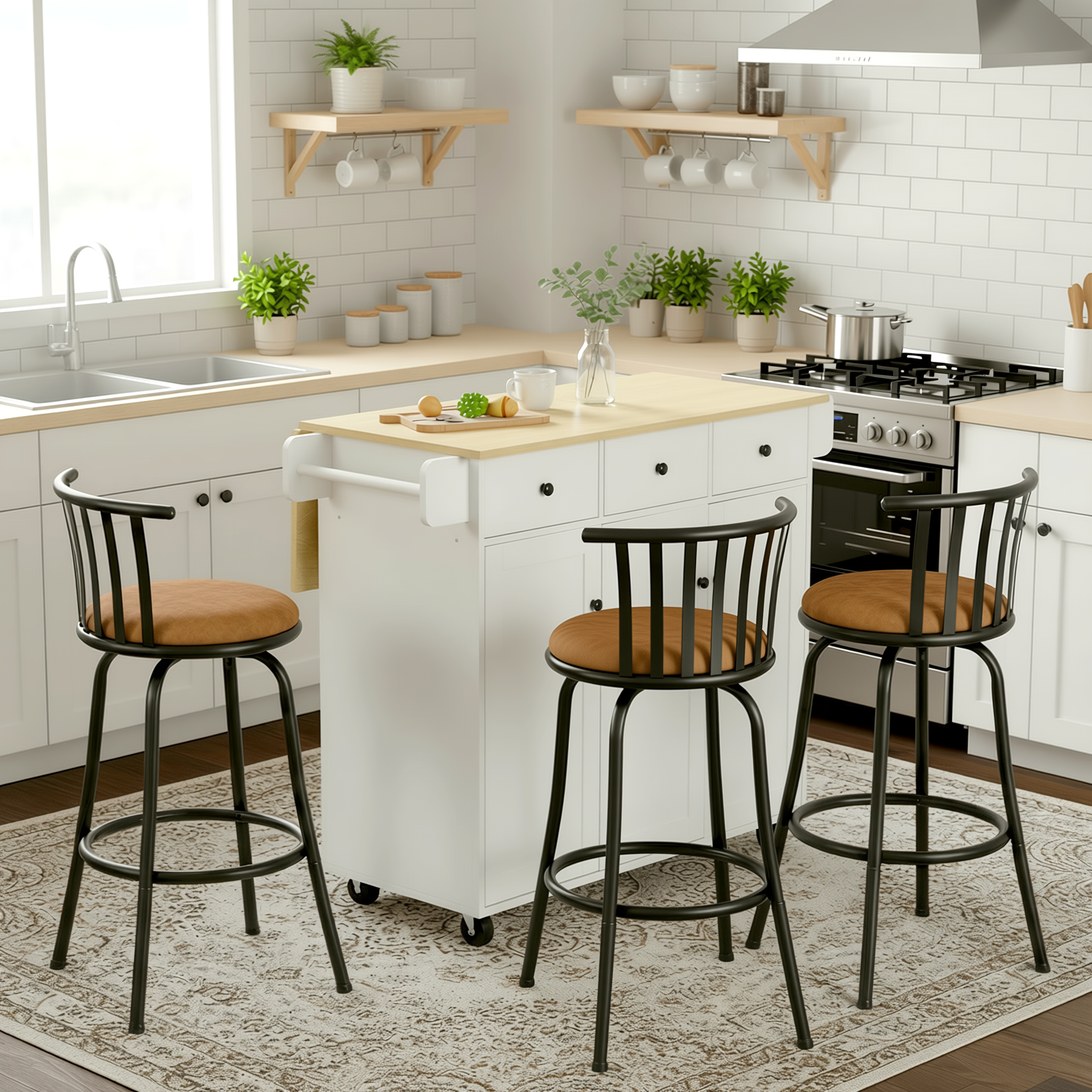 Hugh 4PCS Rolling Kitchen Island and Stool Set with Pistil Swivel Counter/ Bar Stools