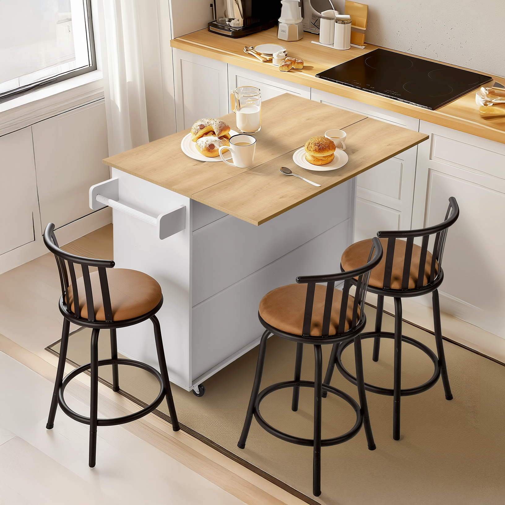 Hugh 4PCS Rolling Kitchen Island and Stool Set with Pistil Swivel Counter/ Bar Stools