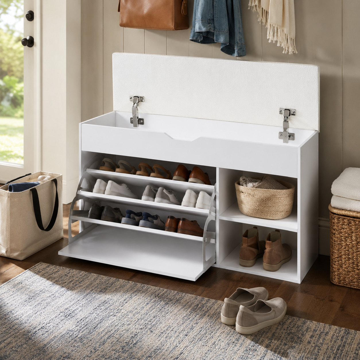 Hallen 39" Shoe Storage Bench with Tilt-Out Cabinet and Faux Leather Cushioned Seat