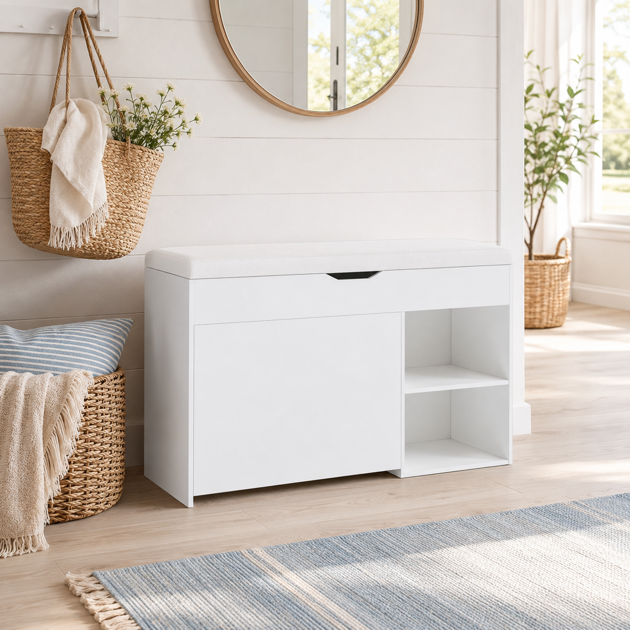 Hallen 39" Shoe Storage Bench with Tilt-Out Cabinet and Faux Leather Cushioned Seat