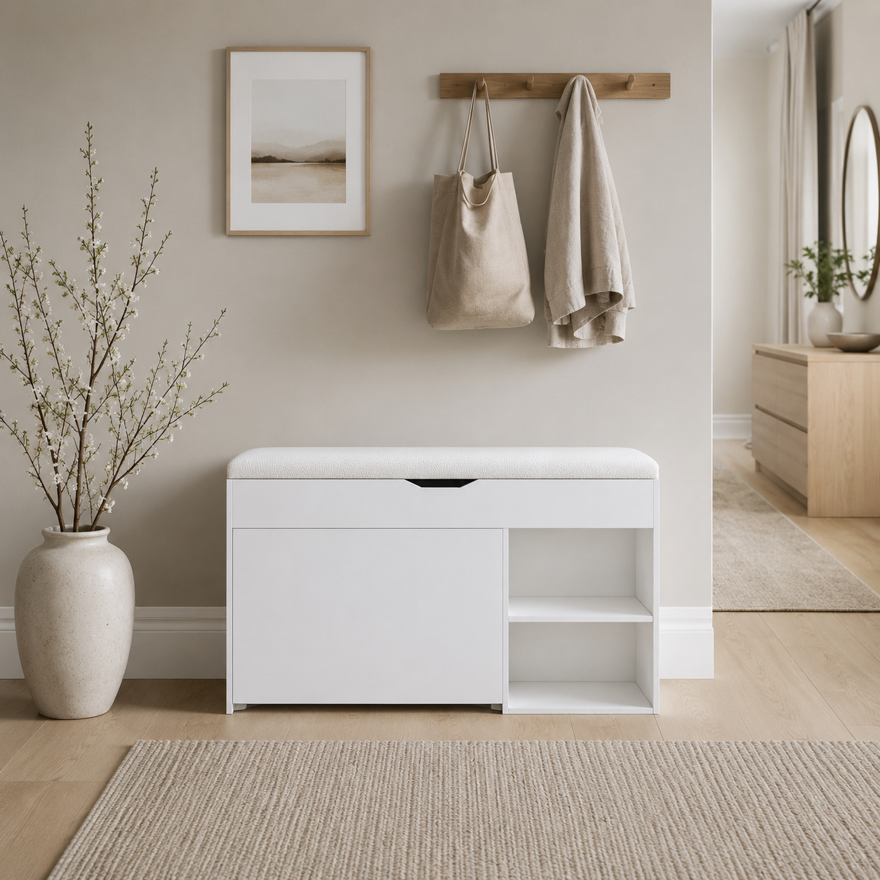 Hallen 39" Shoe Storage Bench with Tilt-Out Cabinet and Faux Leather Cushioned Seat
