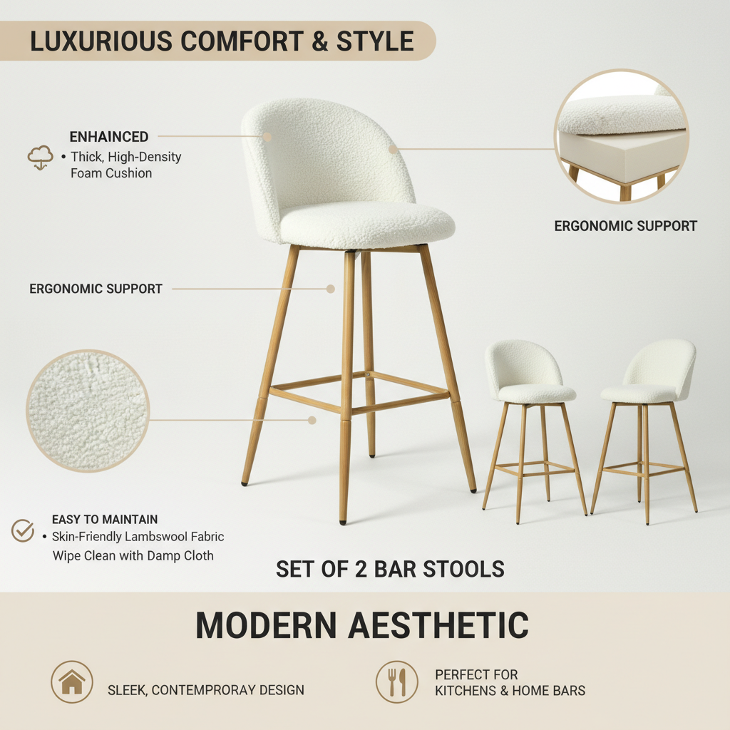Homy Casa Haseeb Counter Barrel Bar Stool Beige Oak Kitchen