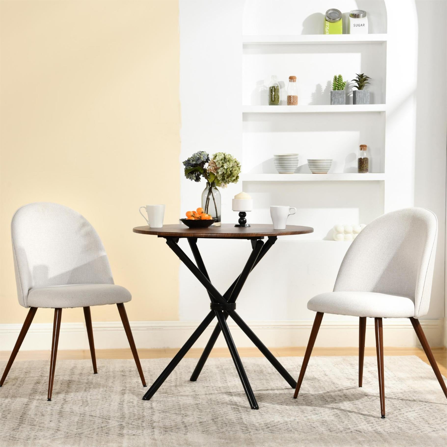 Homy Casa Haven 2PC High Back Dining Chairs, Walnut-look Legs with Beige Fabric