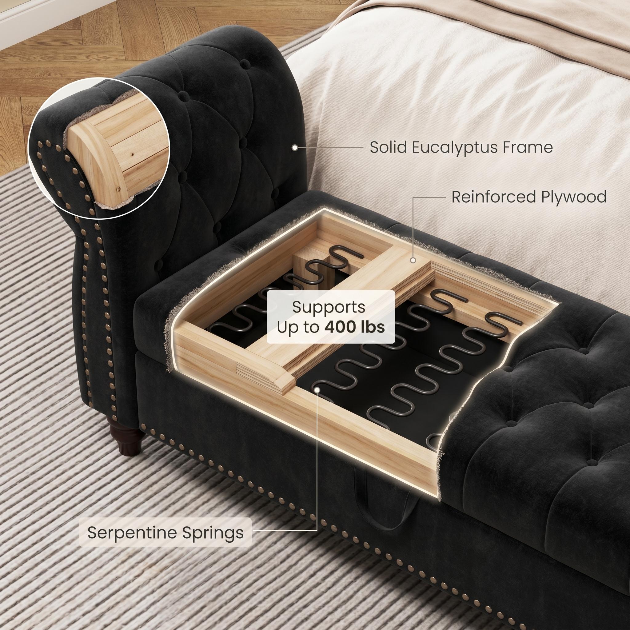 Havenly 64" Chesterfield Chaise Storage Bench with Rolled Arms and Solid Wood Frame