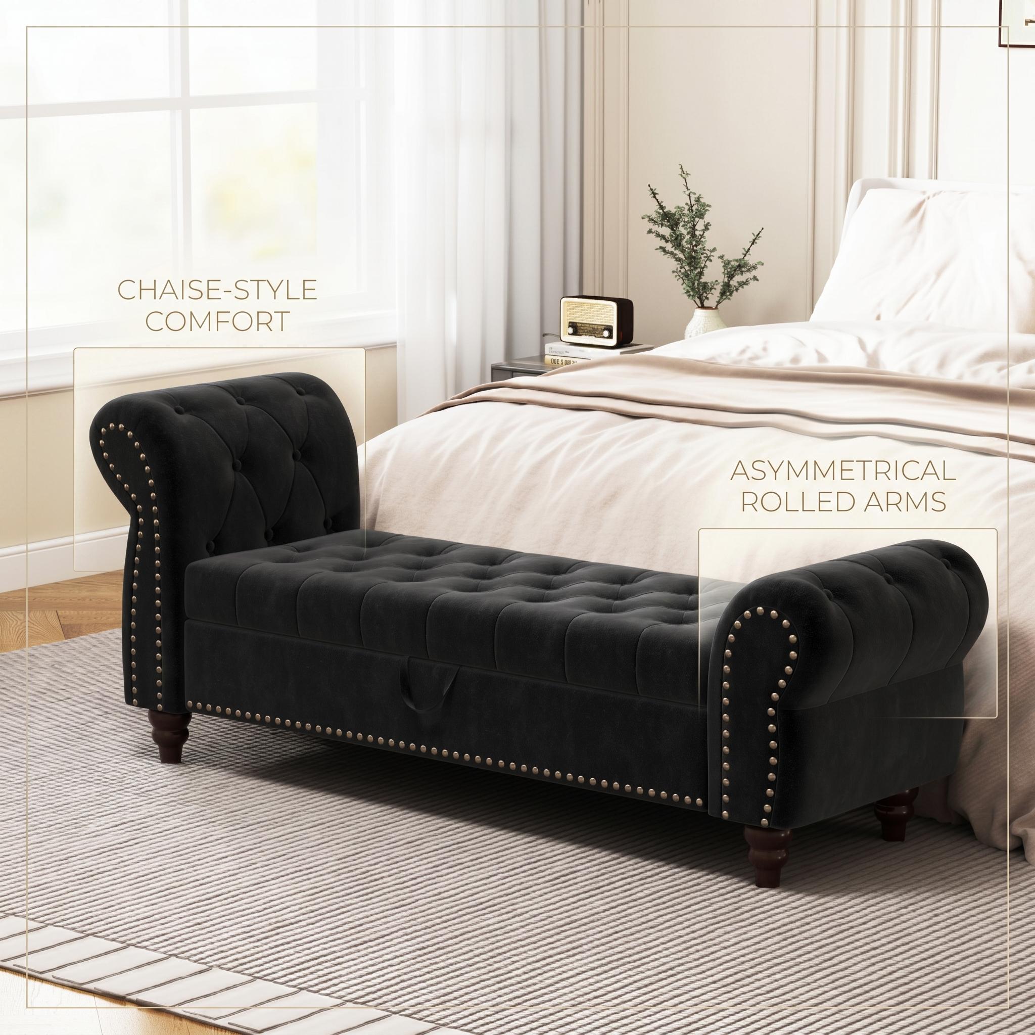 Havenly 64" Chesterfield Chaise Storage Bench with Rolled Arms and Solid Wood Frame