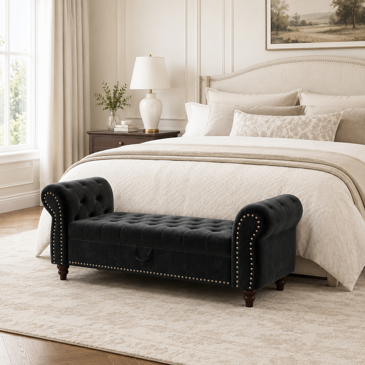 Havenly 64" Chesterfield Chaise Storage Bench with Rolled Arms and Solid Wood Frame