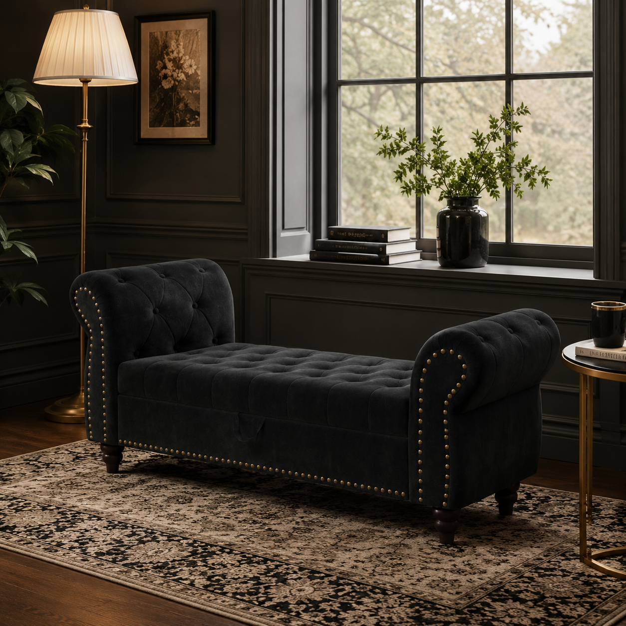 Havenly 64" Chesterfield Chaise Storage Bench with Rolled Arms and Solid Wood Frame