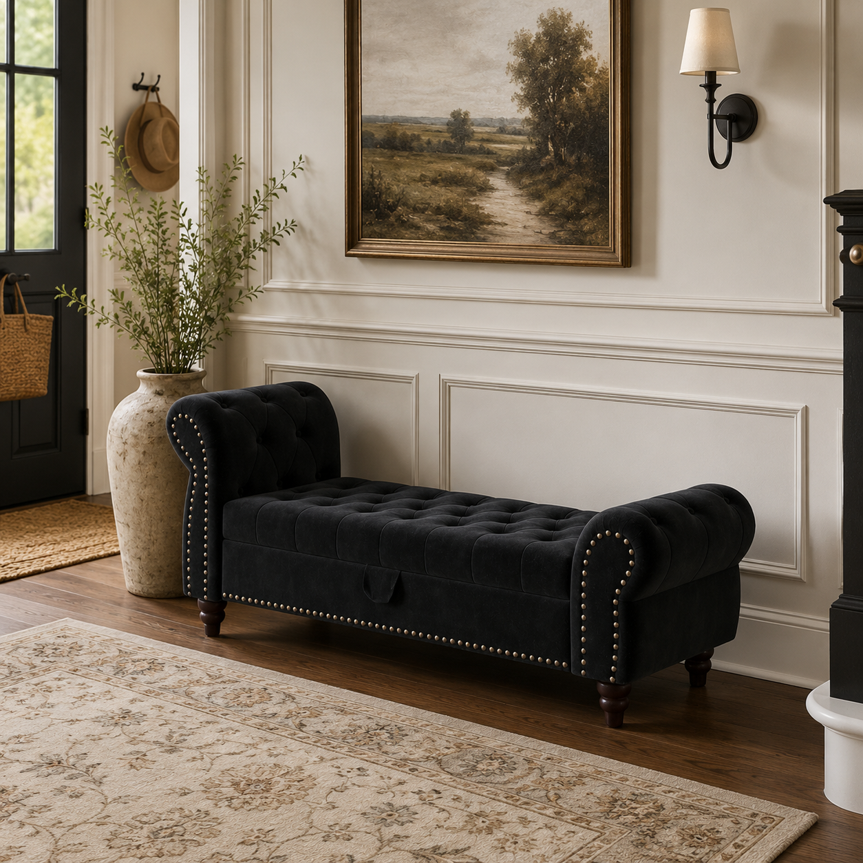 Havenly 64" Chesterfield Chaise Storage Bench with Rolled Arms and Solid Wood Frame
