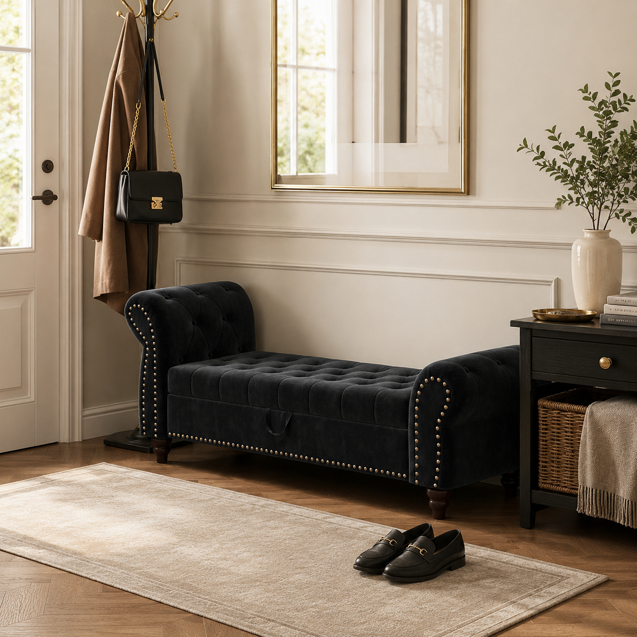 Havenly 64" Chesterfield Chaise Storage Bench with Rolled Arms and Solid Wood Frame