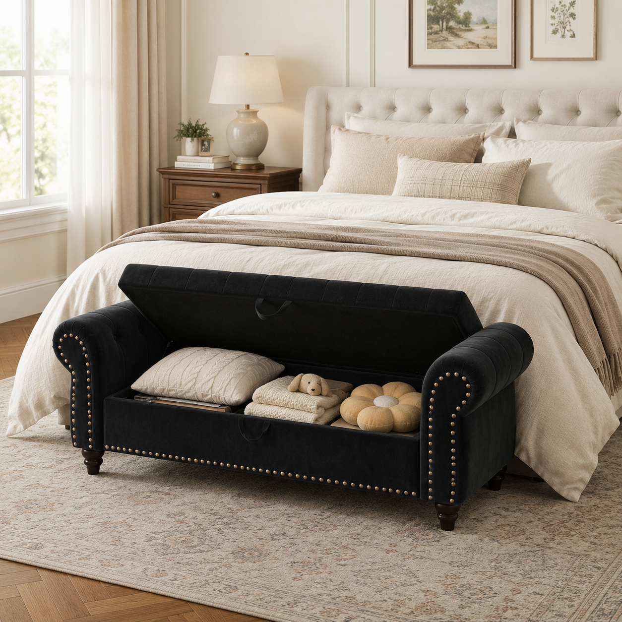 Havenly 64" Chesterfield Chaise Storage Bench with Rolled Arms and Solid Wood Frame