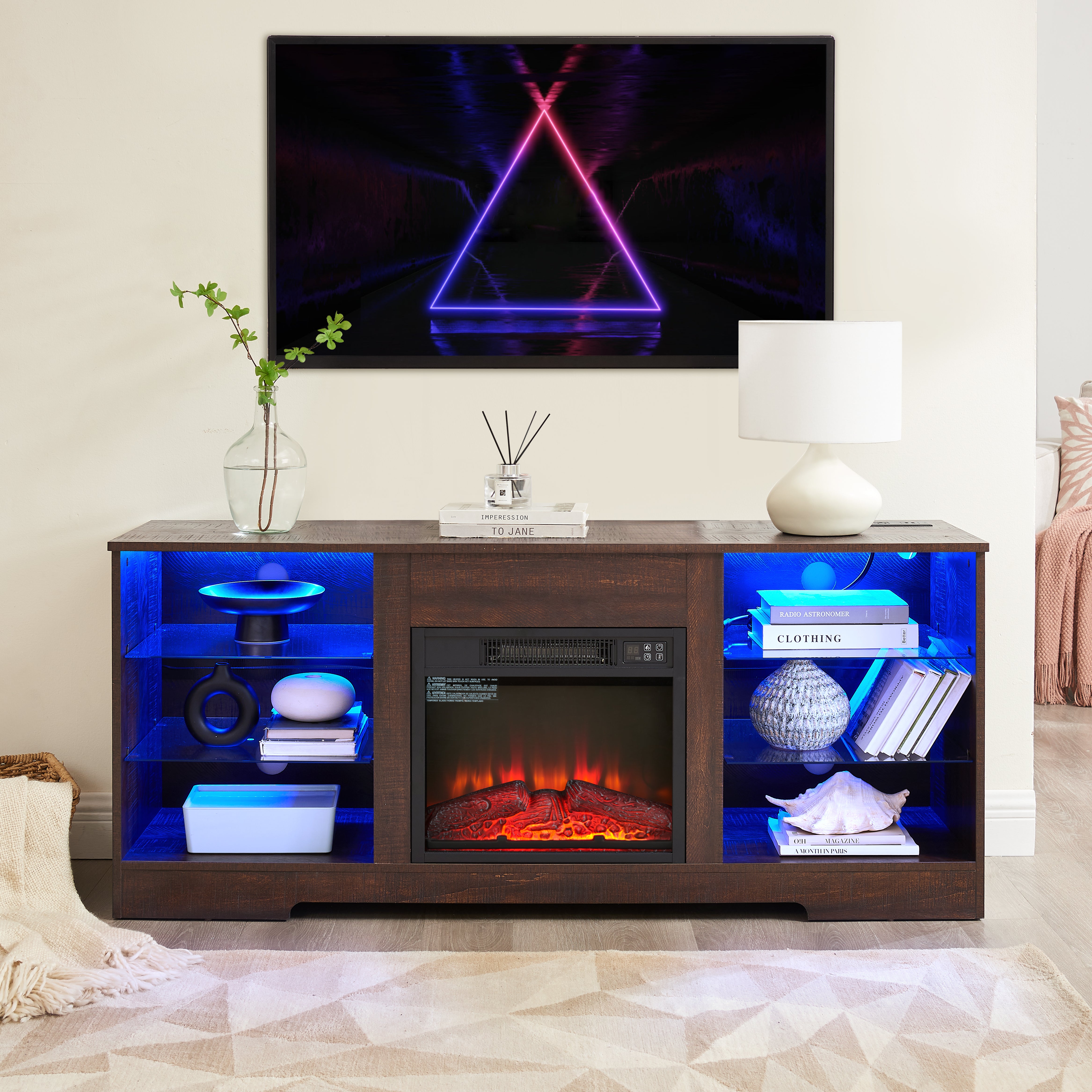 Helena 58" Modern LED TV Stand with Electric Fireplace and Glass Shelves