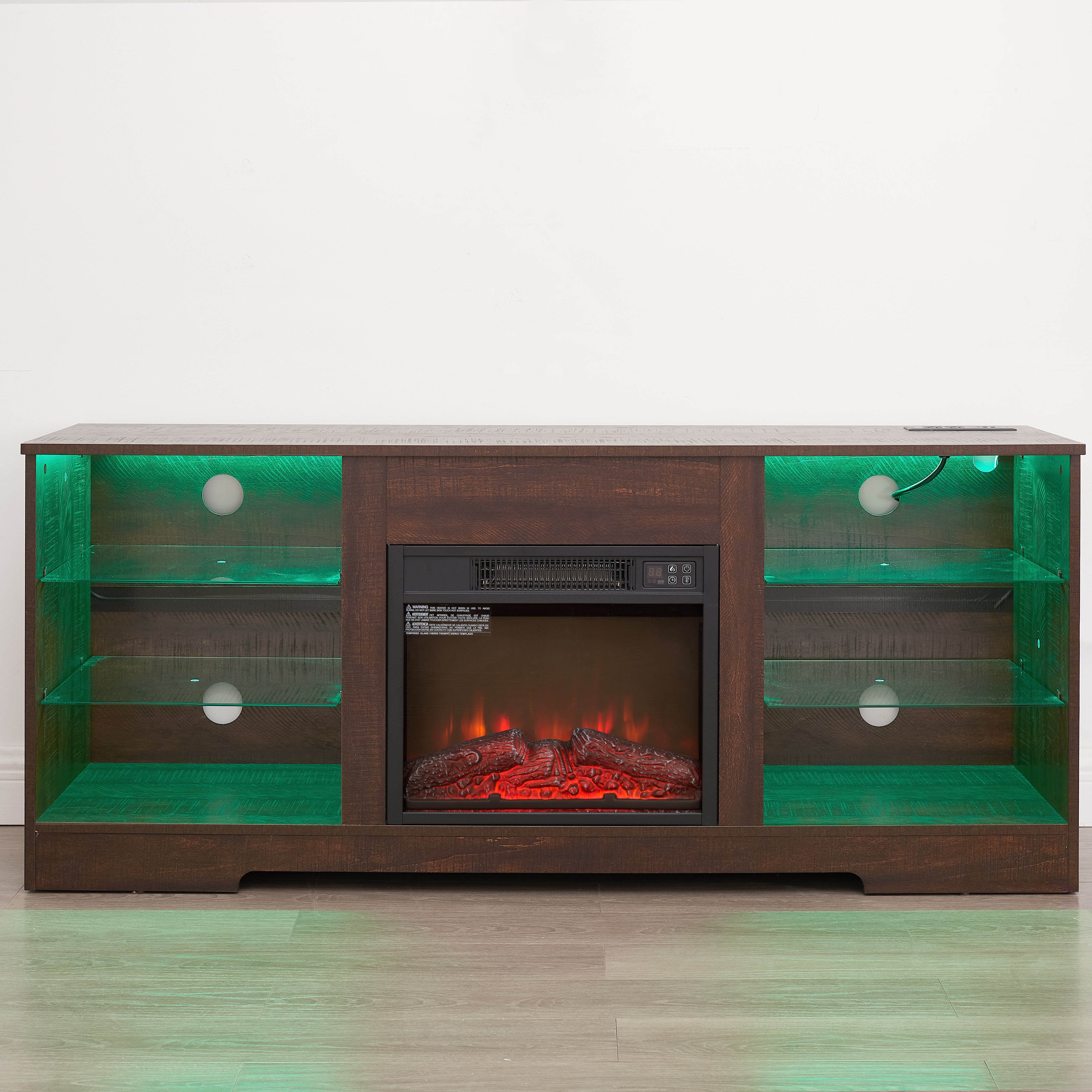 Helena 58" Modern LED TV Stand with Electric Fireplace and Glass Shelves