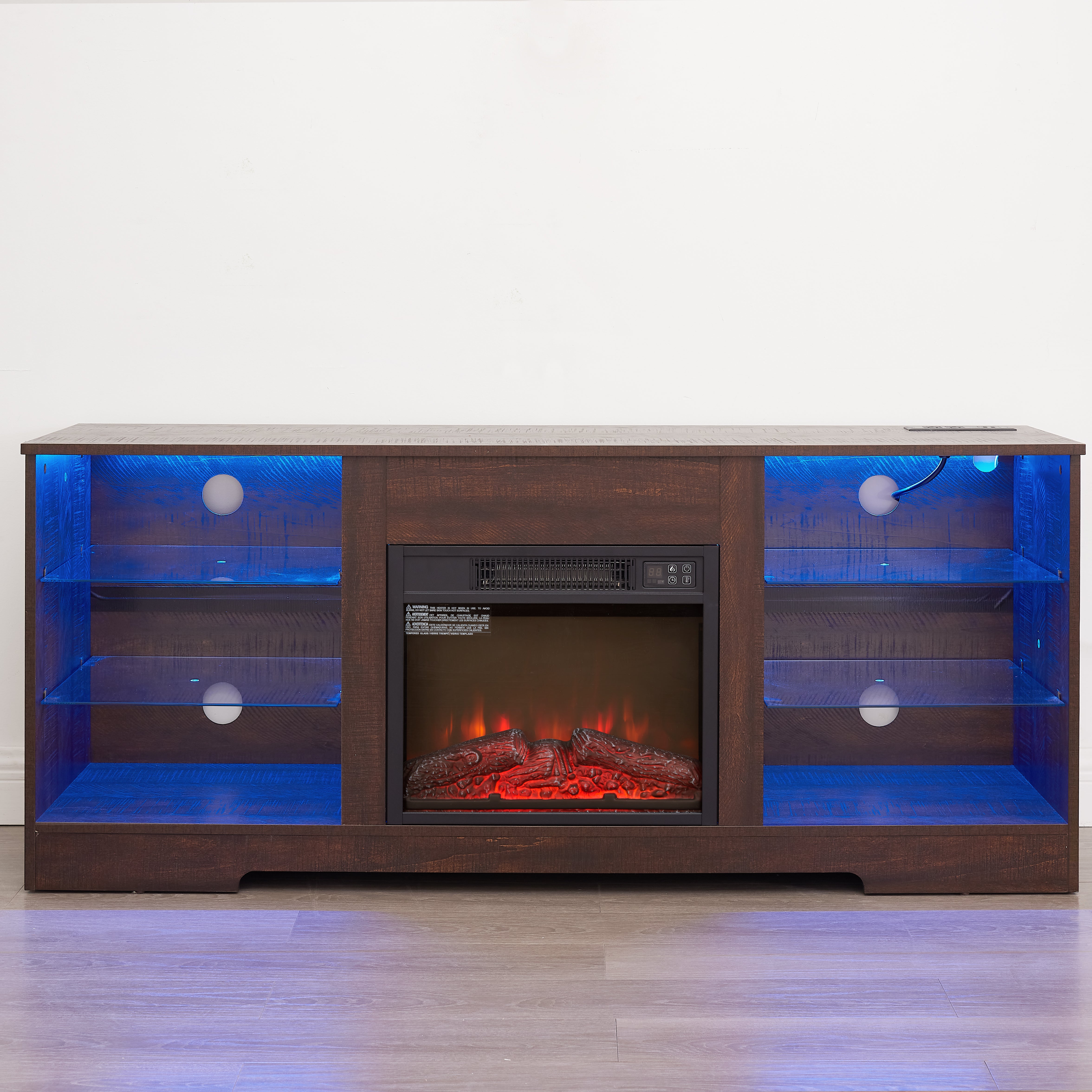 Helena 58" Modern LED TV Stand with Electric Fireplace and Glass Shelves