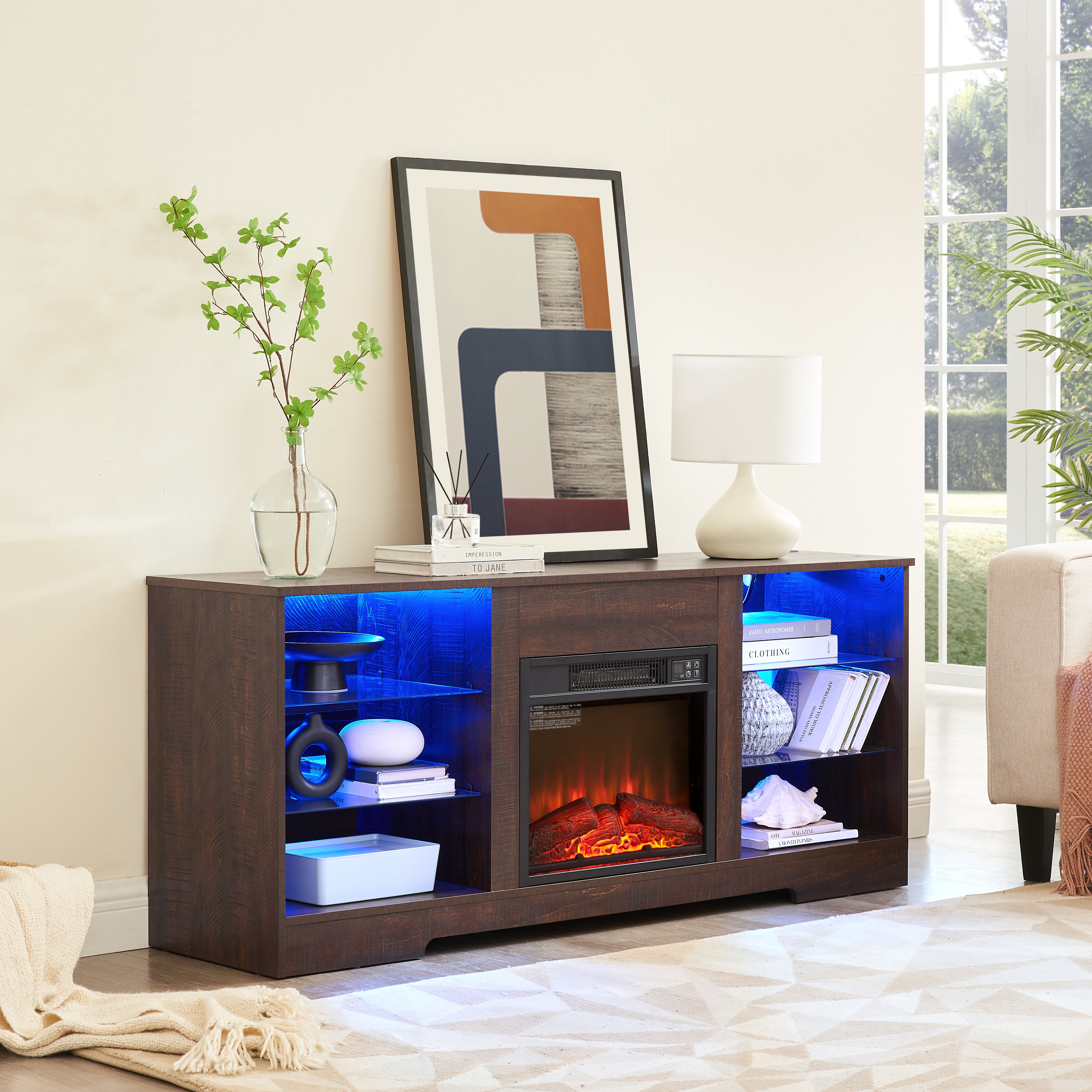 Helena 58" Modern LED TV Stand with Electric Fireplace and Glass Shelves