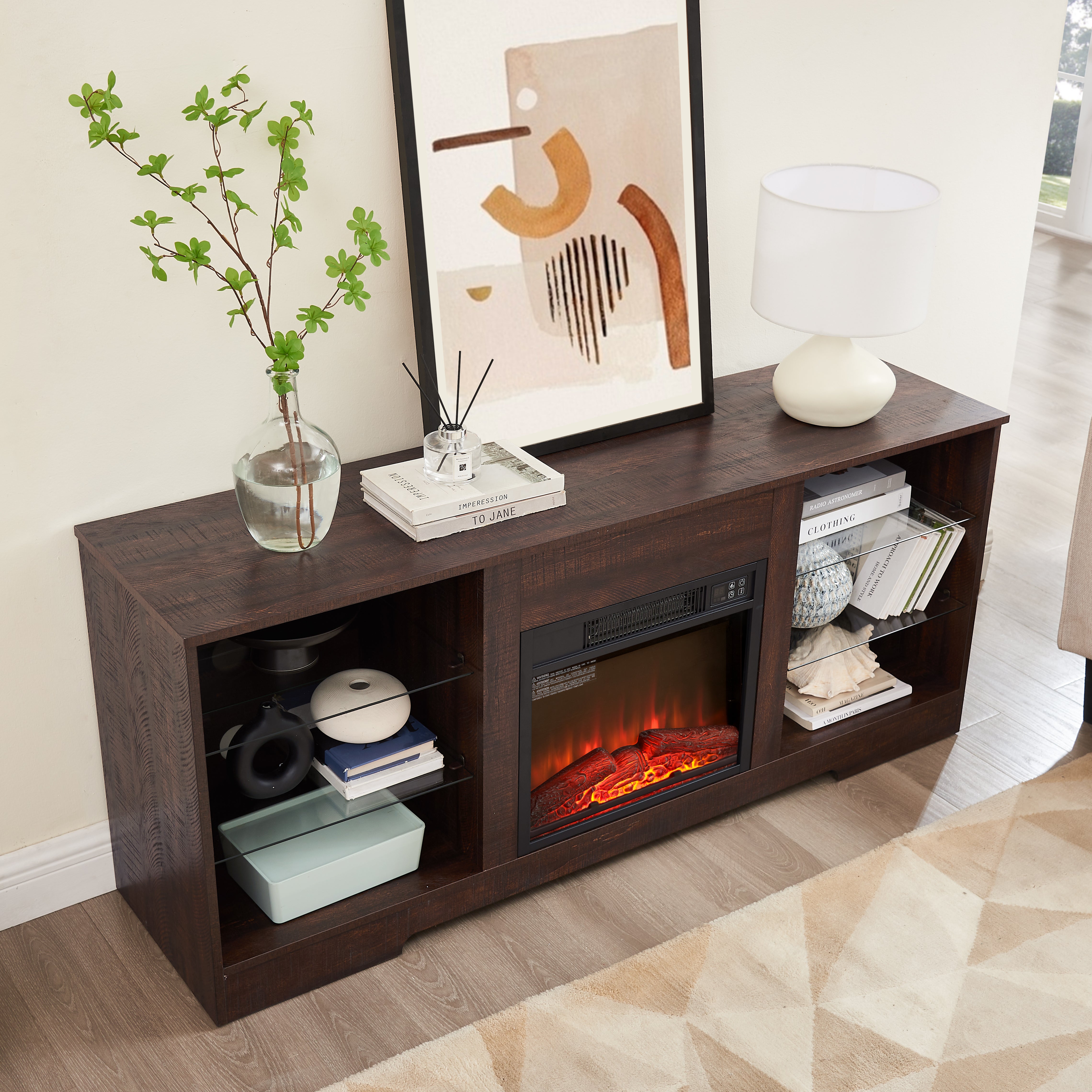 Helena 58" Modern LED TV Stand with Electric Fireplace and Glass Shelves