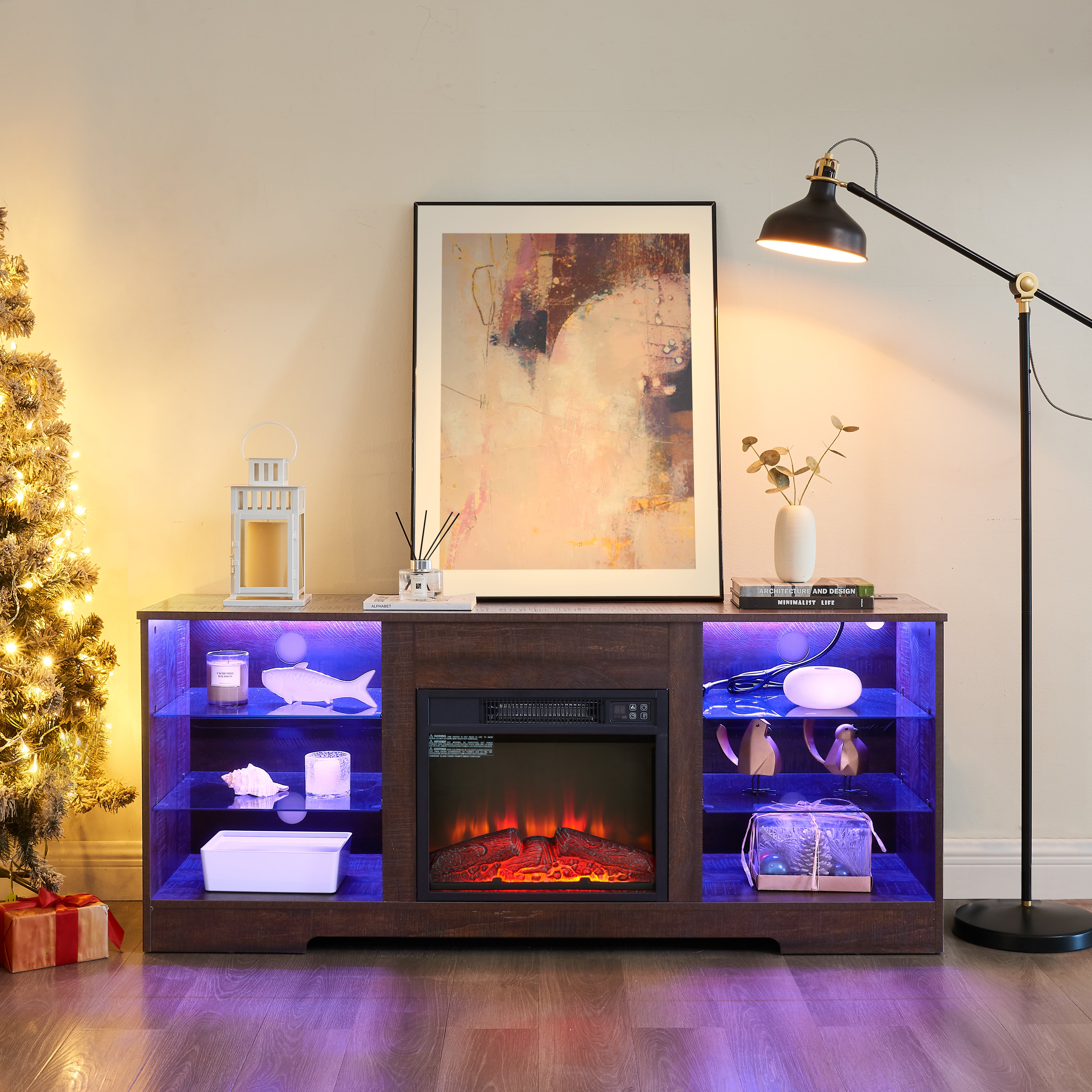 Helena 58" Modern LED TV Stand with Electric Fireplace and Glass Shelves