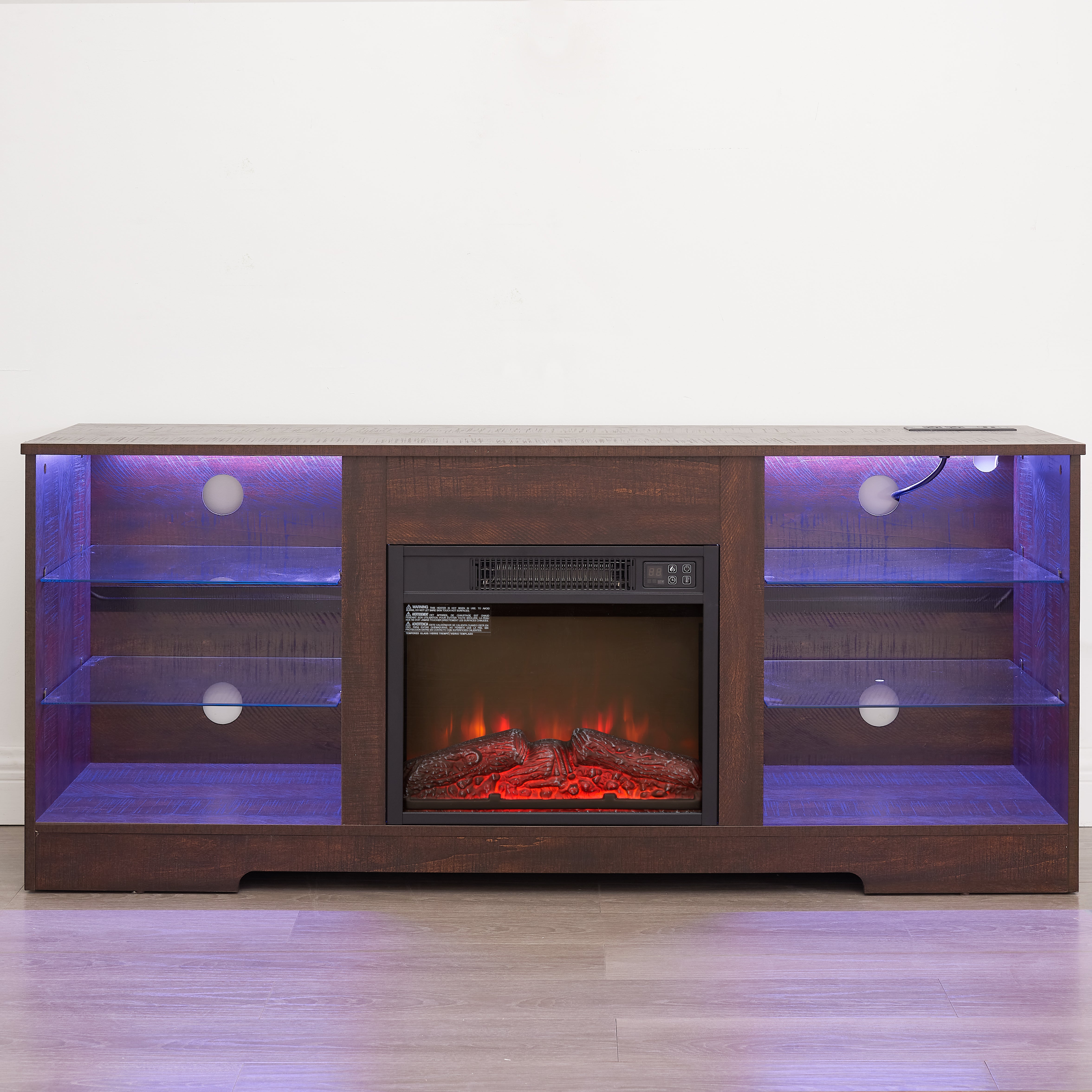 Helena 58" Modern LED TV Stand with Electric Fireplace and Glass Shelves
