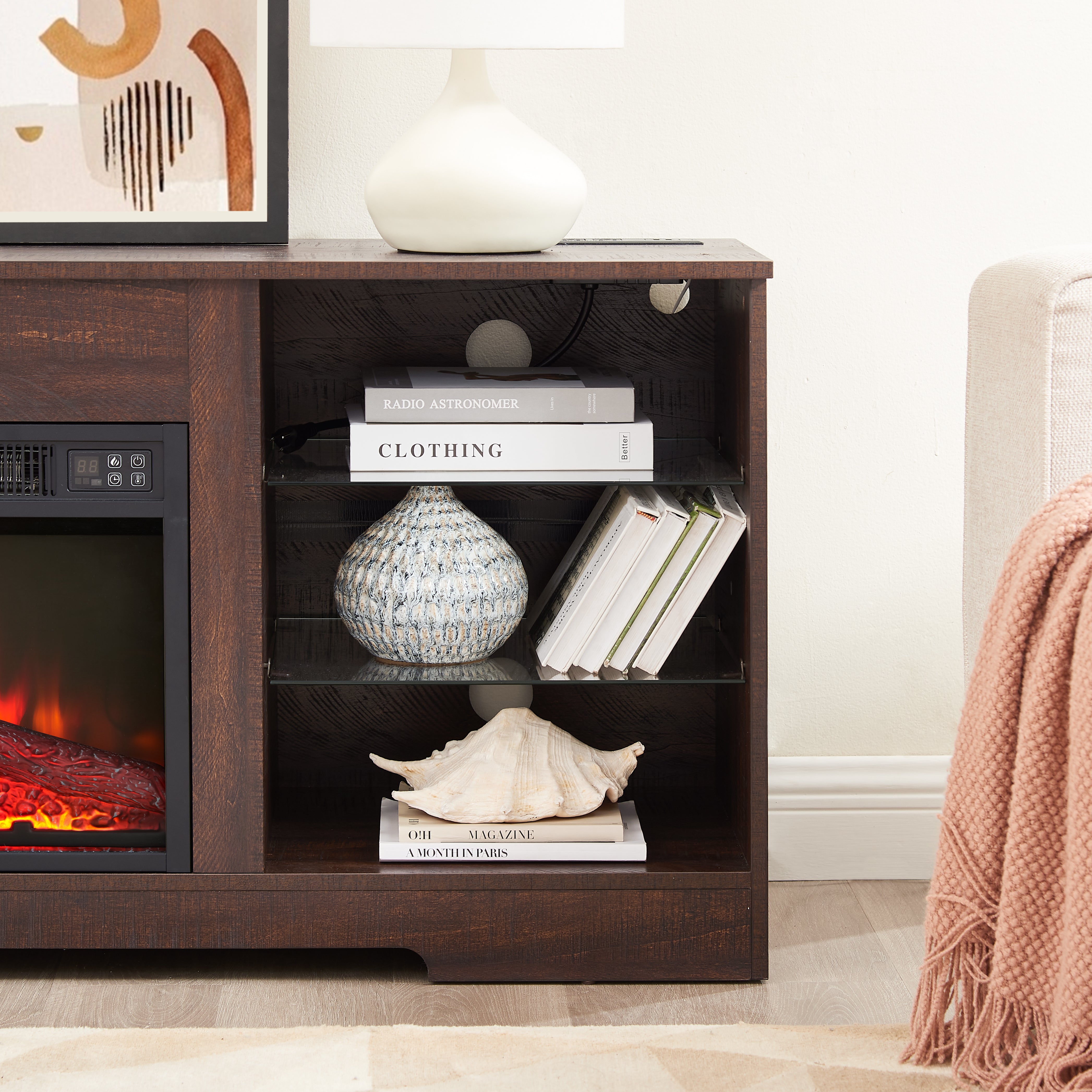 Helena 58" Modern LED TV Stand with Electric Fireplace and Glass Shelves
