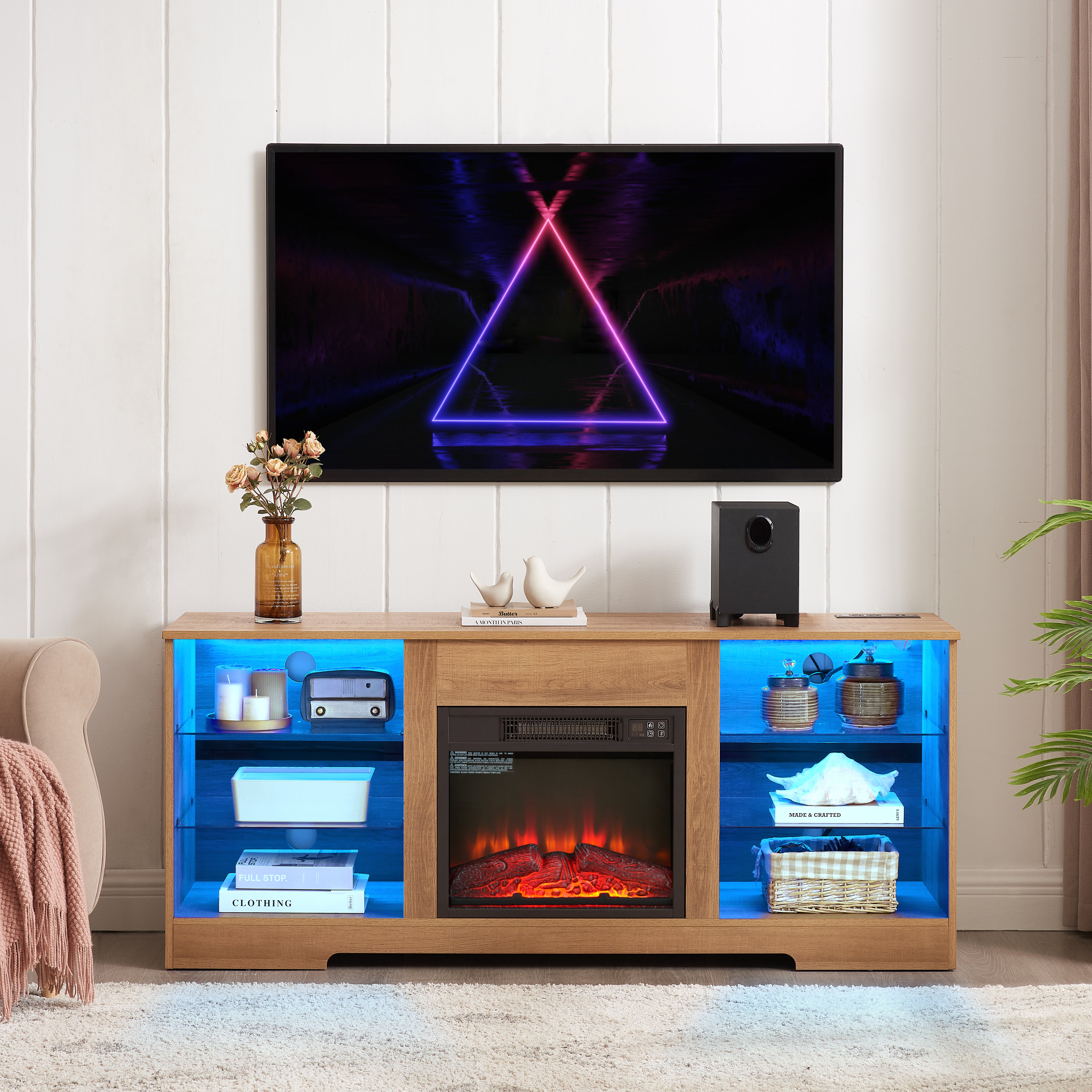 Helena 58" Modern LED TV Stand with Electric Fireplace and Glass Shelves