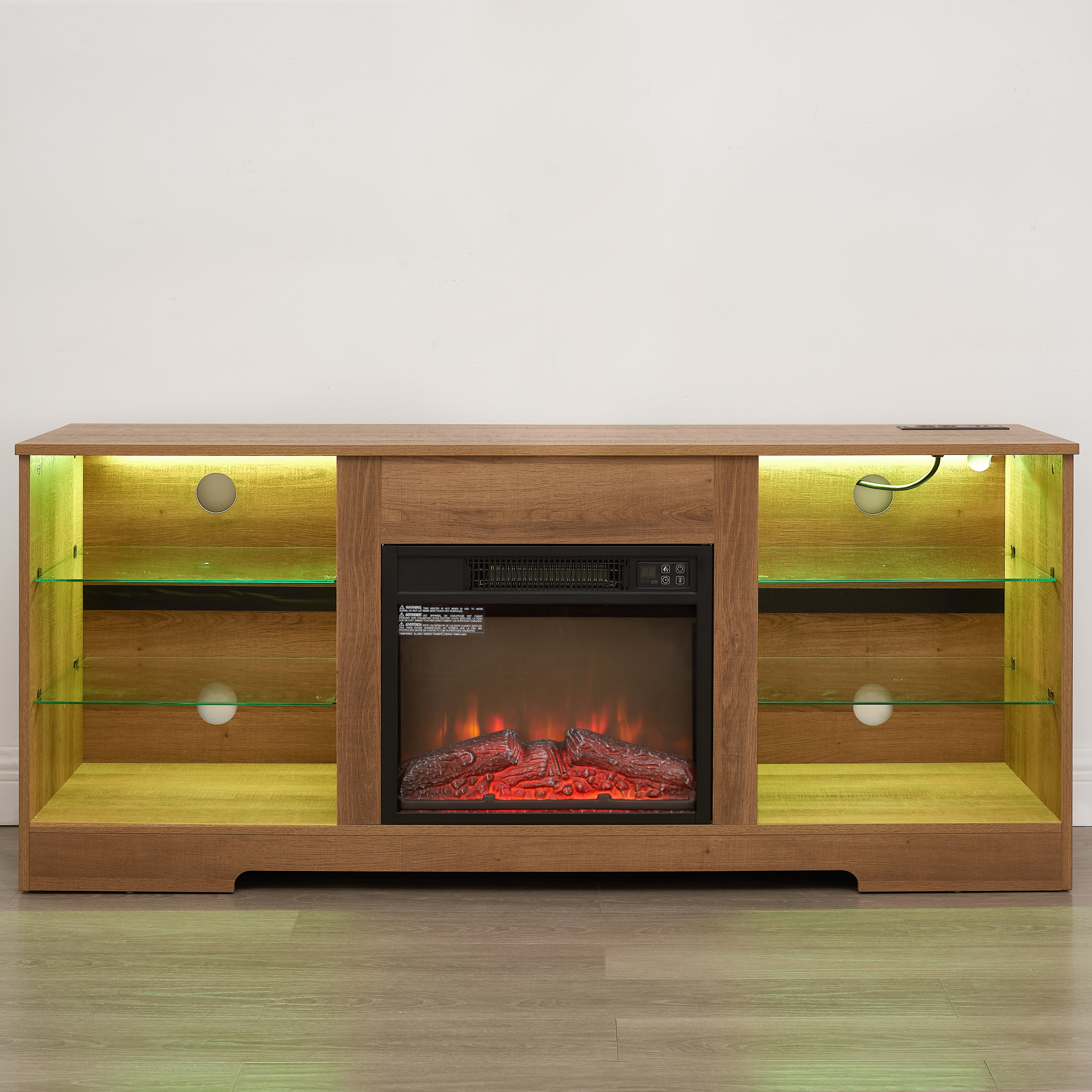 Helena 58" Modern LED TV Stand with Electric Fireplace and Glass Shelves