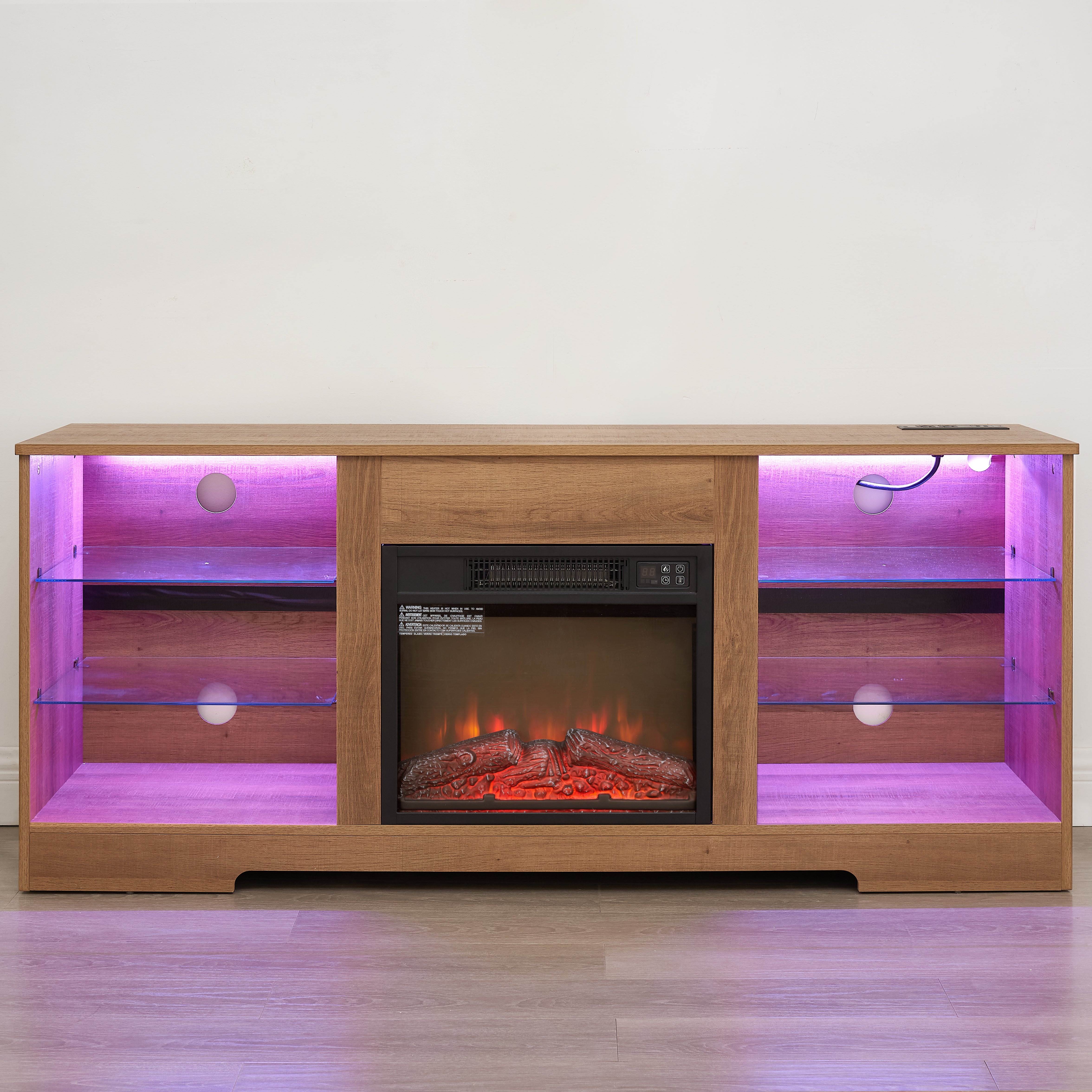 Helena 58" Modern LED TV Stand with Electric Fireplace and Glass Shelves