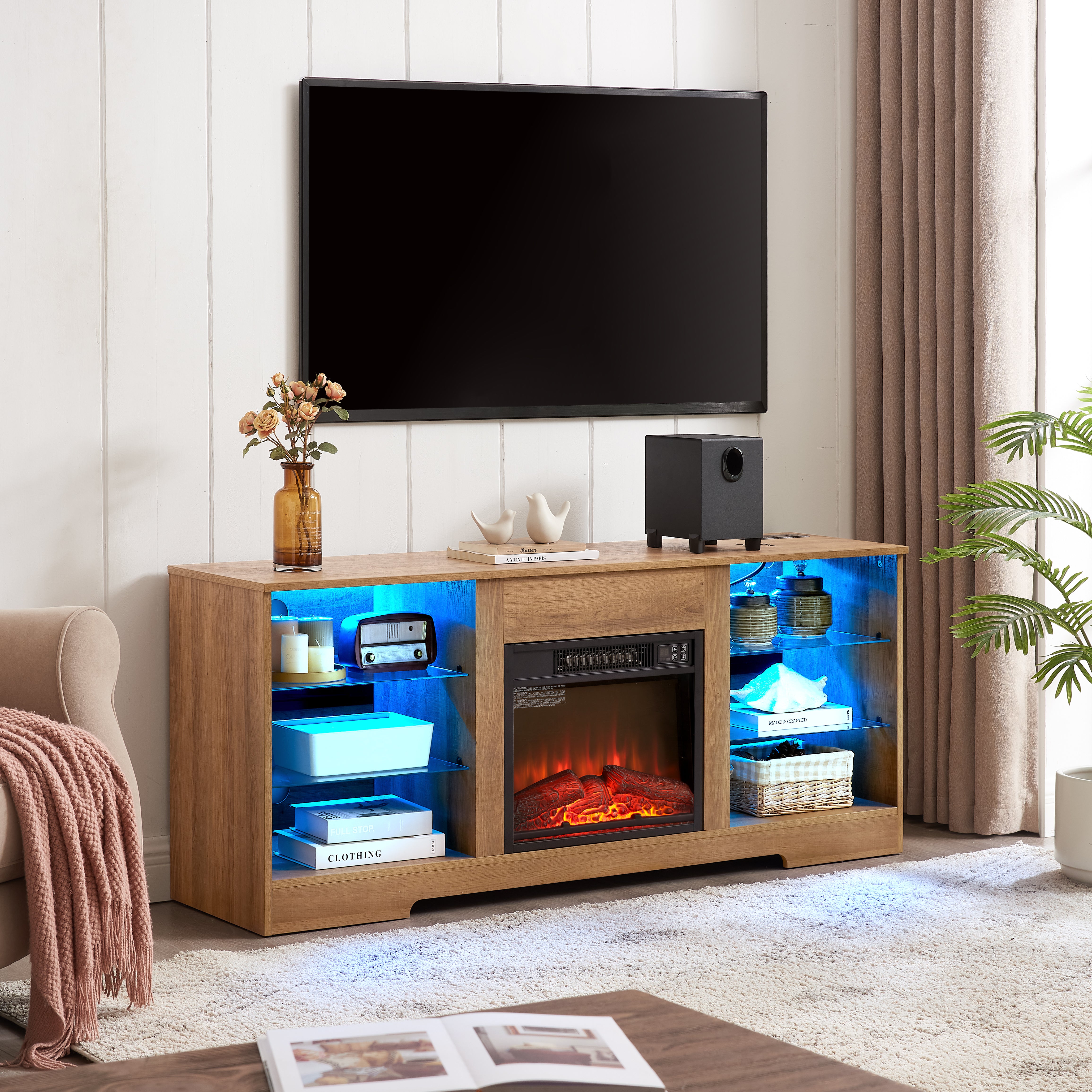 Helena 58" Modern LED TV Stand with Electric Fireplace and Glass Shelves