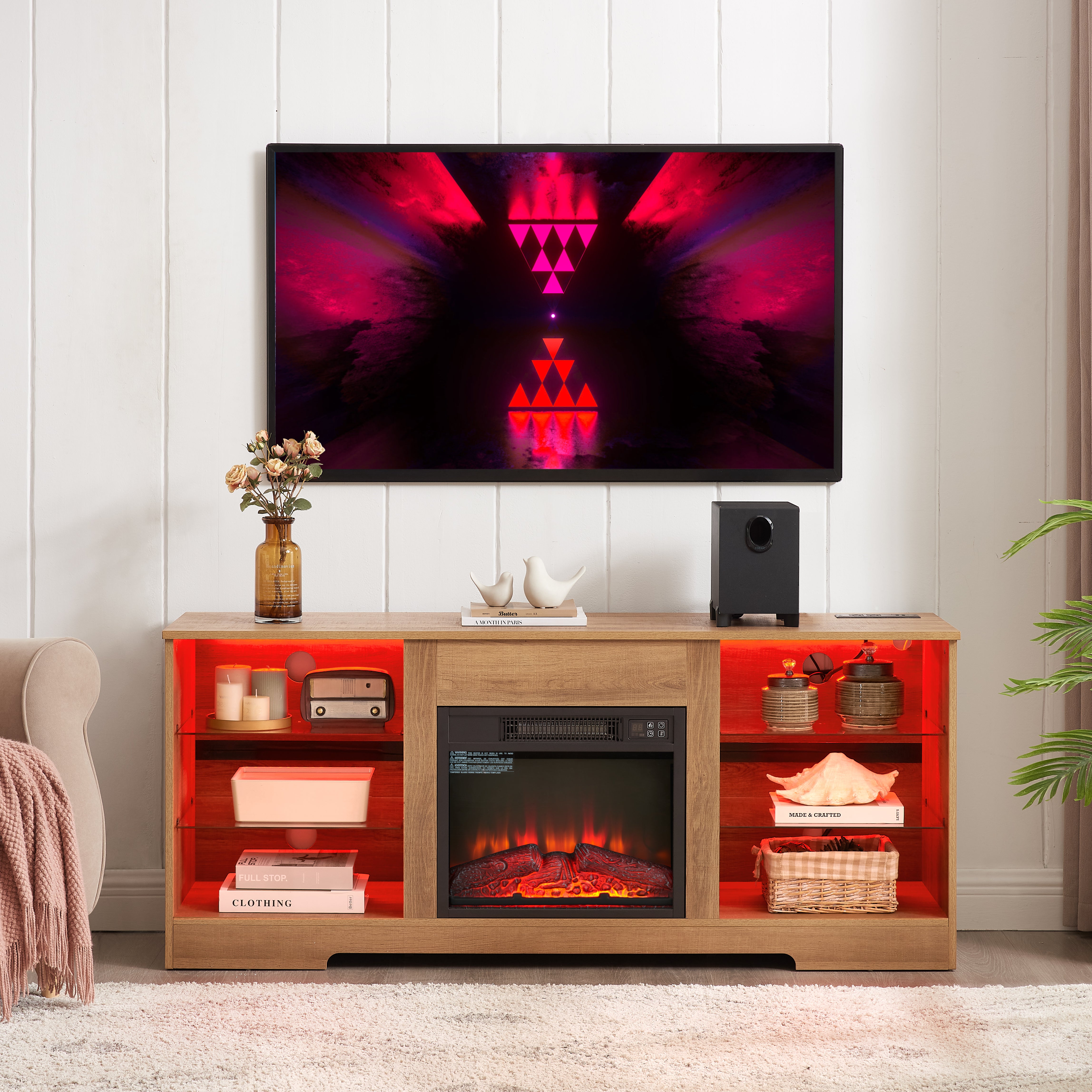 Helena 58" Modern LED TV Stand with Electric Fireplace and Glass Shelves