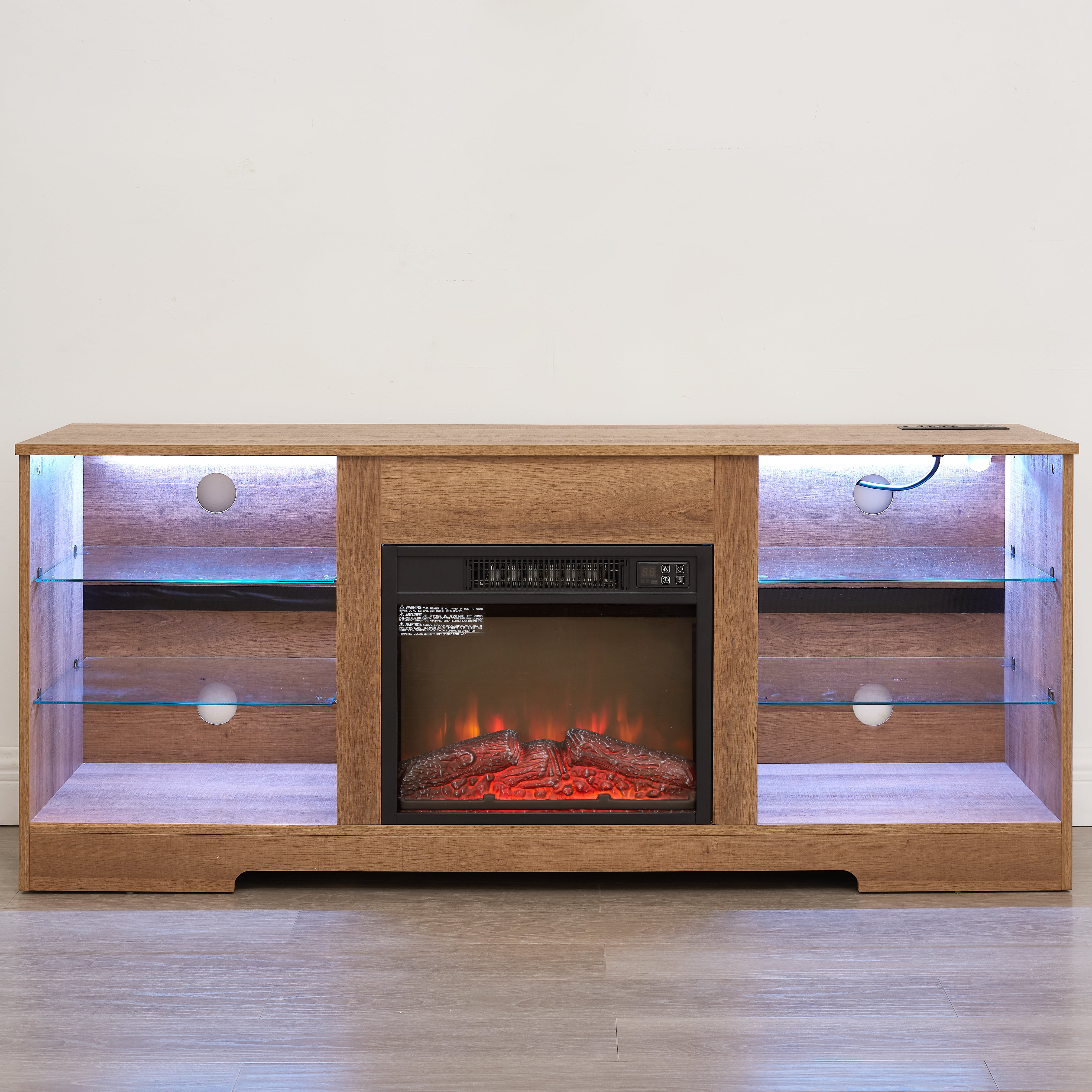Helena 58" Modern LED TV Stand with Electric Fireplace and Glass Shelves