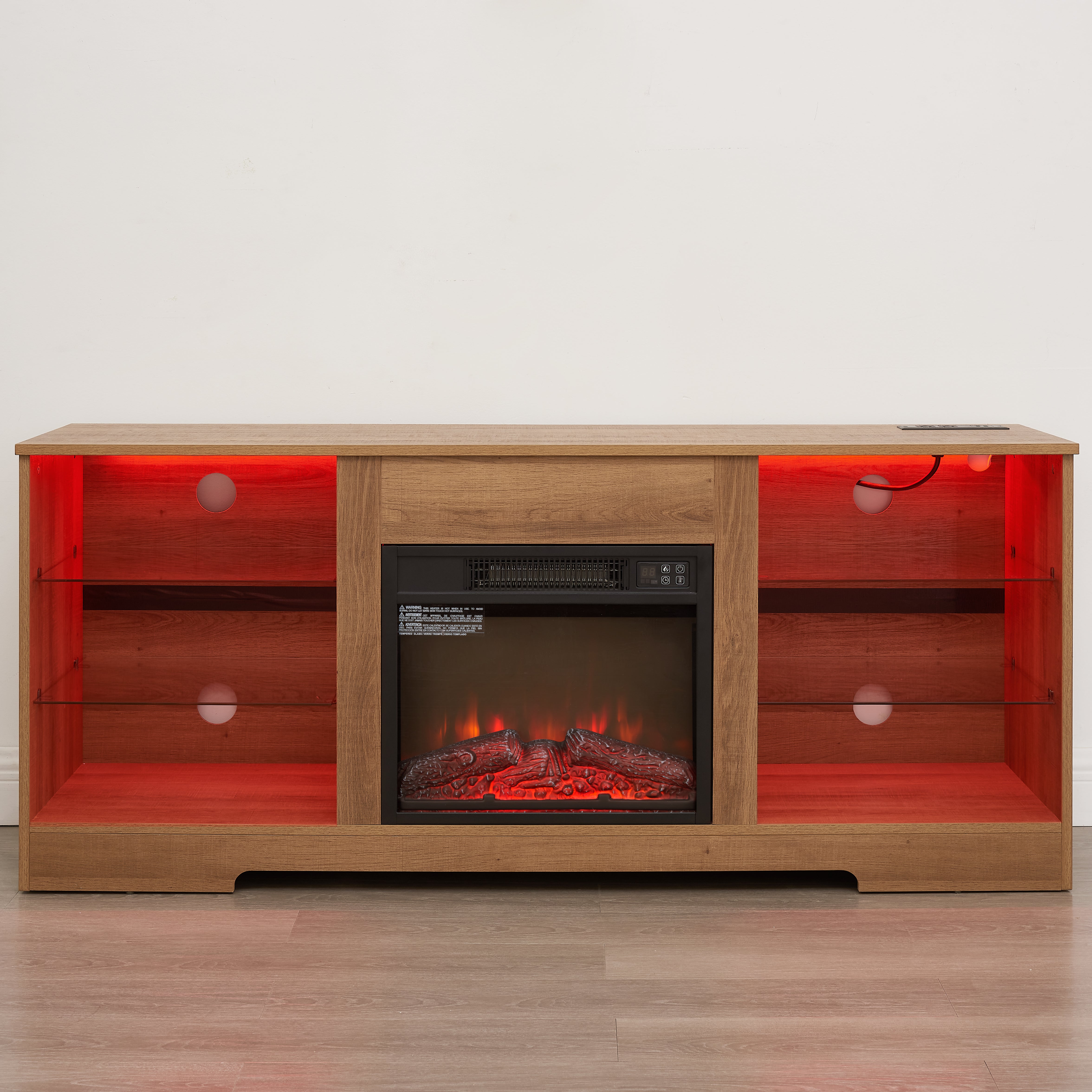 Helena 58" Modern LED TV Stand with Electric Fireplace and Glass Shelves