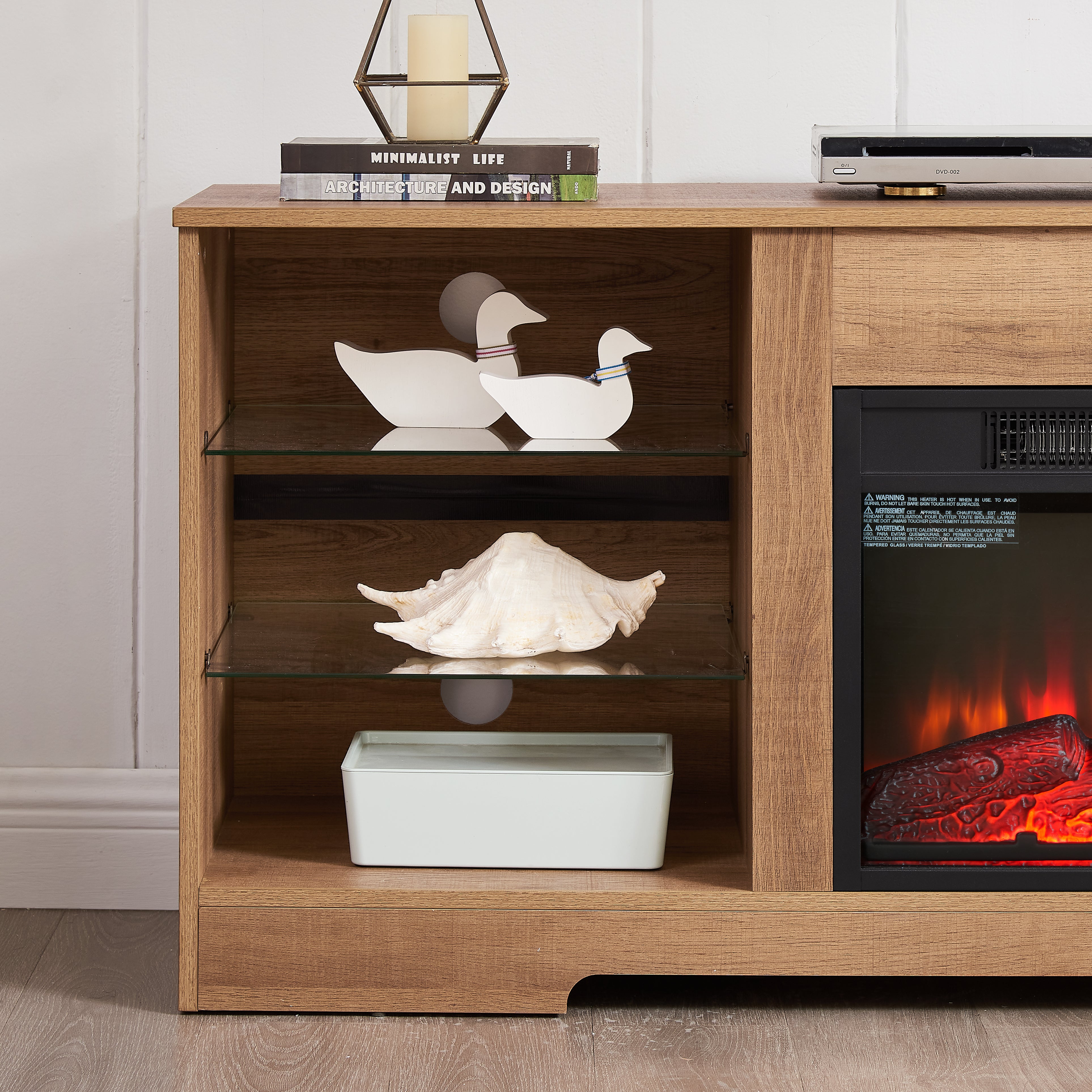Helena 58" Modern LED TV Stand with Electric Fireplace and Glass Shelves