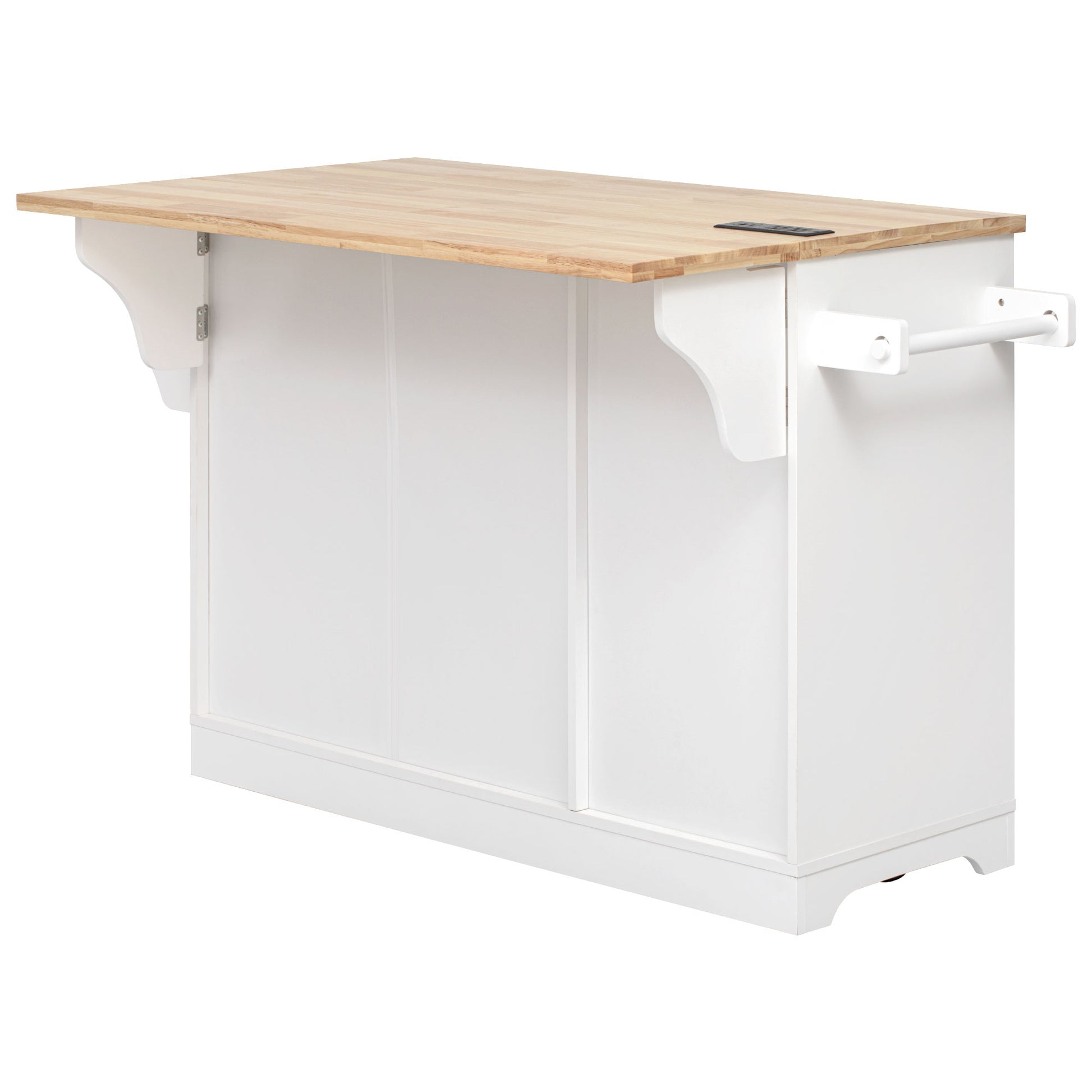 Honfleur rolling kitchen island back view with foldable wood drop leaf countertop and towel bar on white background