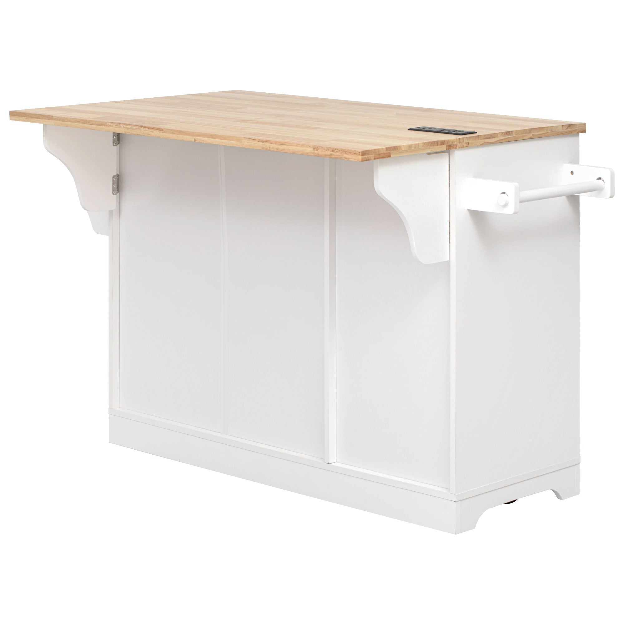 Honfleur rolling kitchen island back view with foldable wood drop leaf countertop and towel bar on white background
