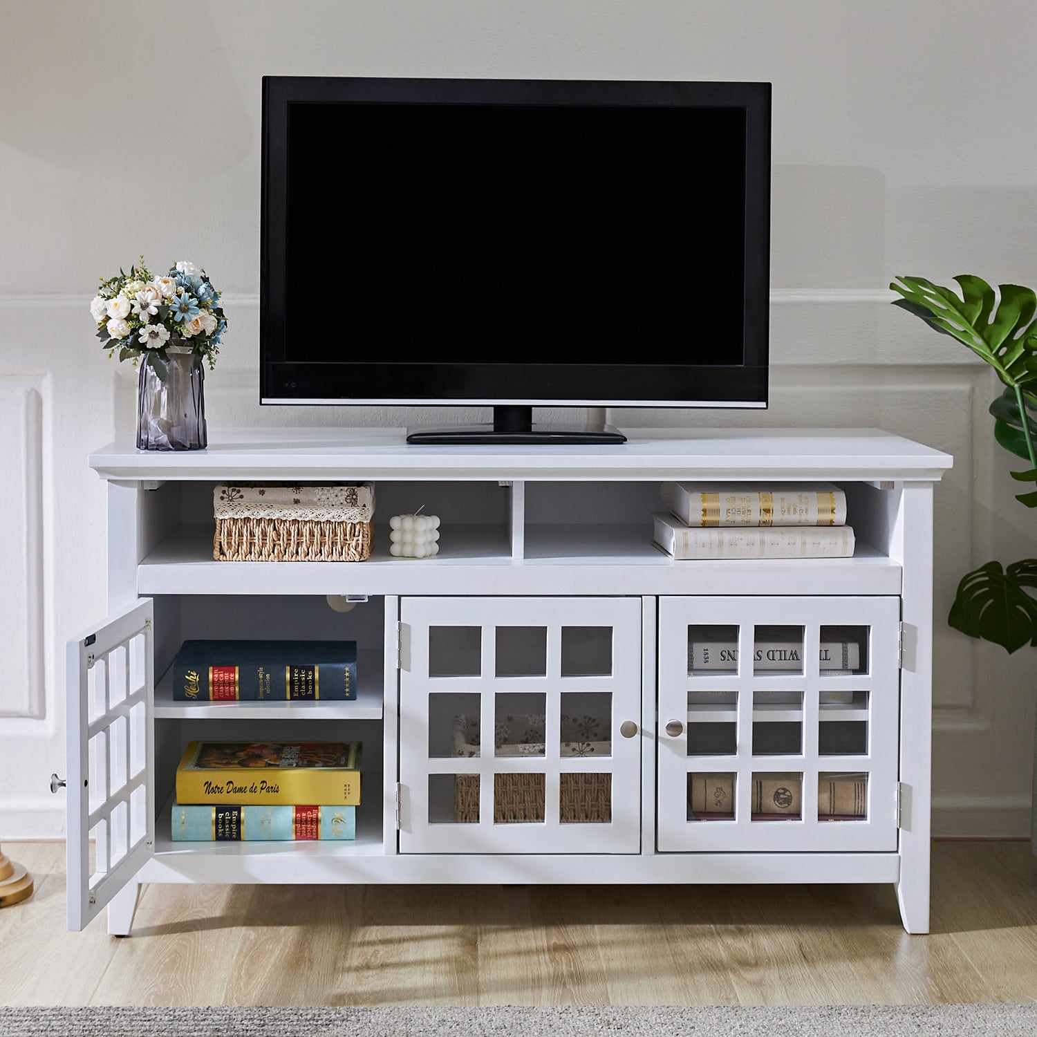 Homy Casa TANEKA Modern MDF TV Stand, 48" Media Console Cabinet, White,Open Box