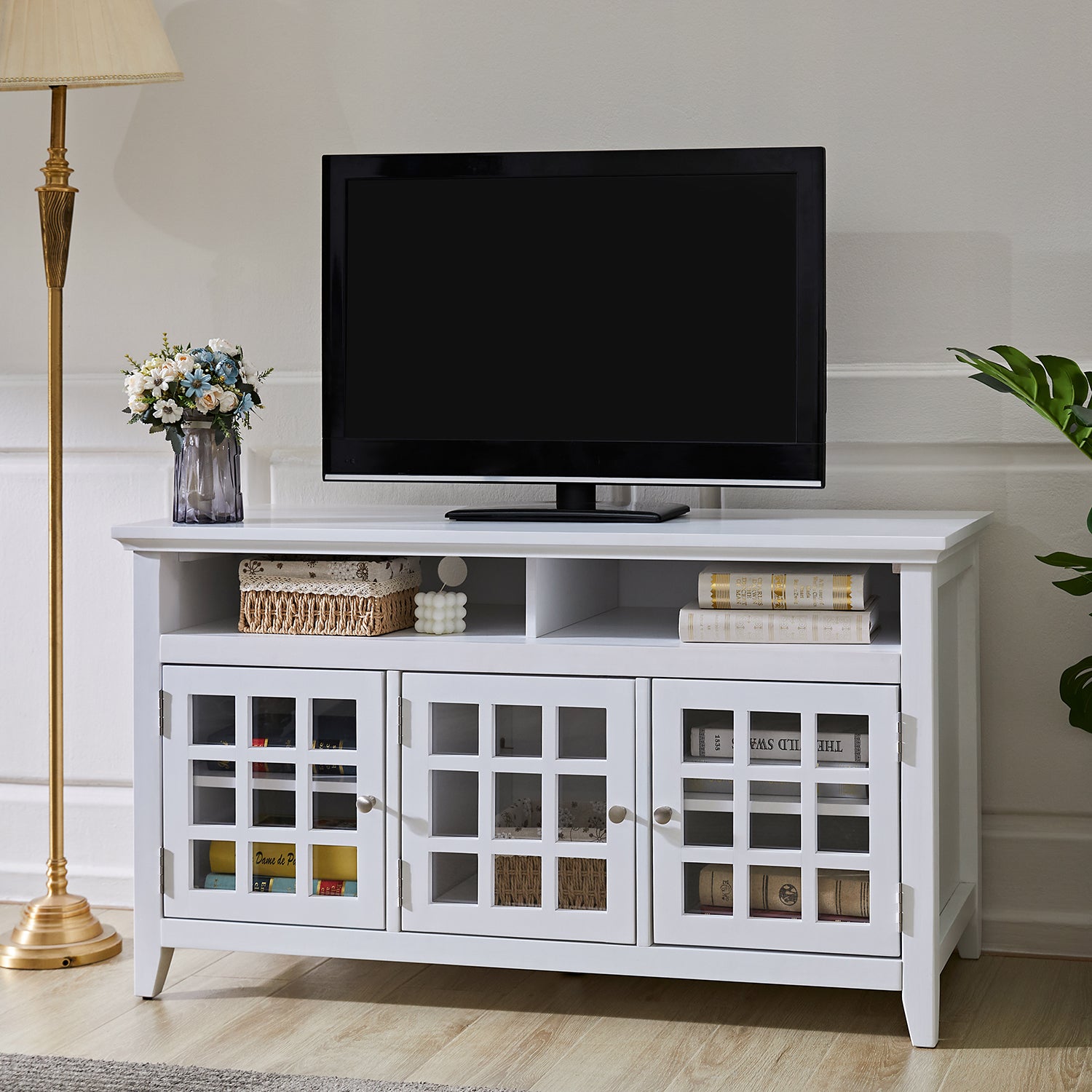 Homy Casa TANEKA Modern MDF TV Stand, 48" Media Console Cabinet, White,Open Box