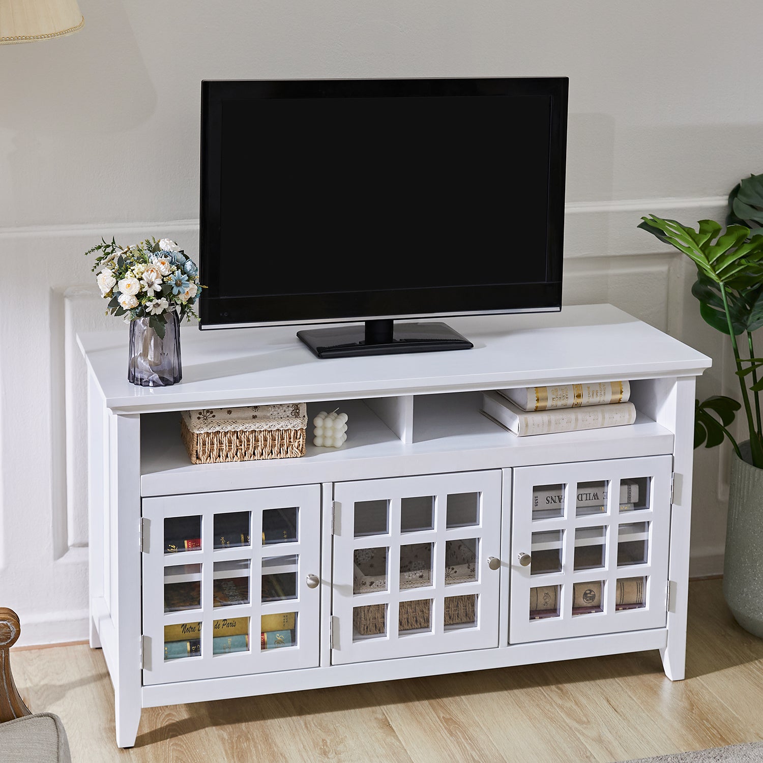 Homy Casa TANEKA Modern MDF TV Stand, 48" Media Console Cabinet, White,Open Box