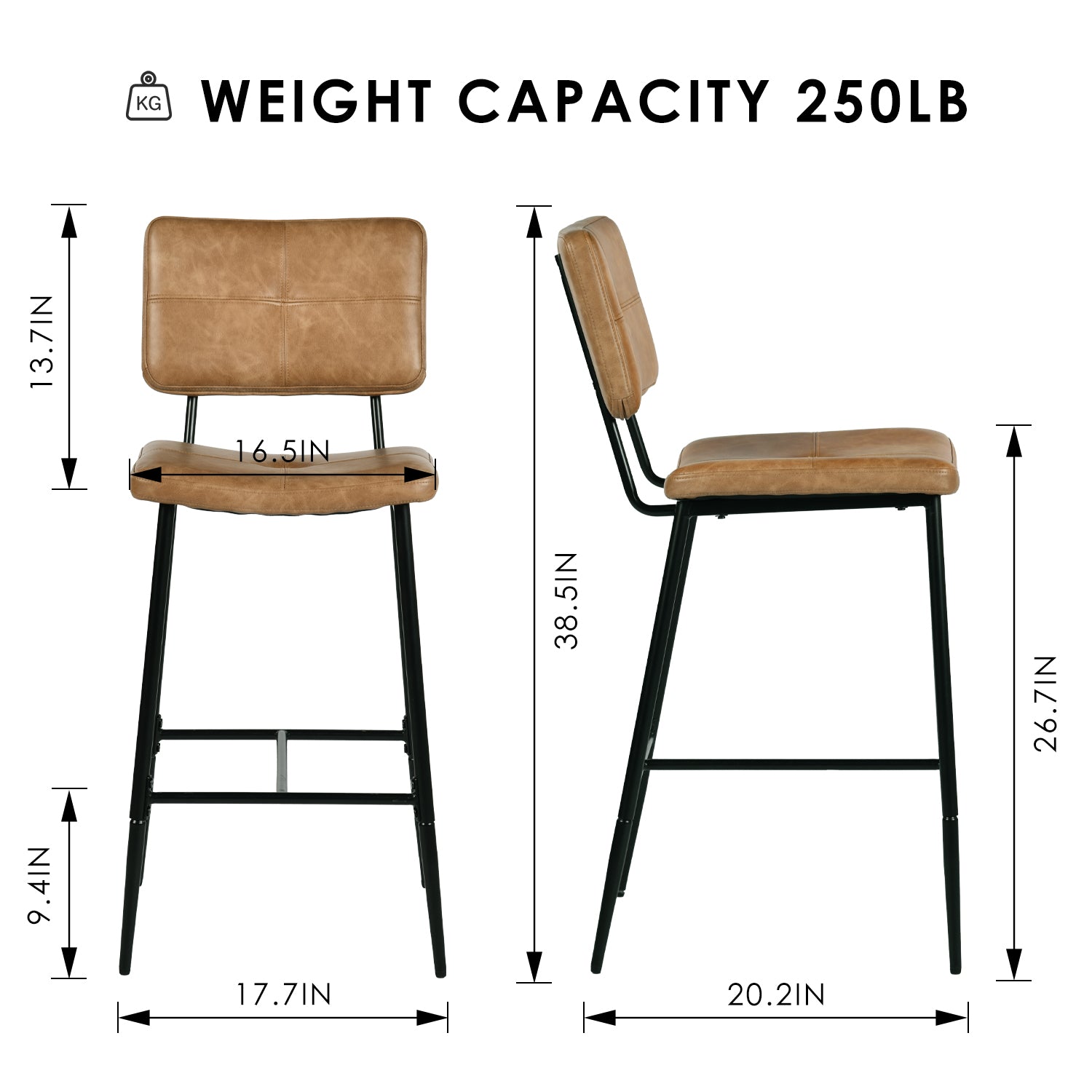 Homy Casa IDP-CS001 Cognac PU Upholstered Bar Stools 26.4" Seat Height for Kitchen Counters and Bars